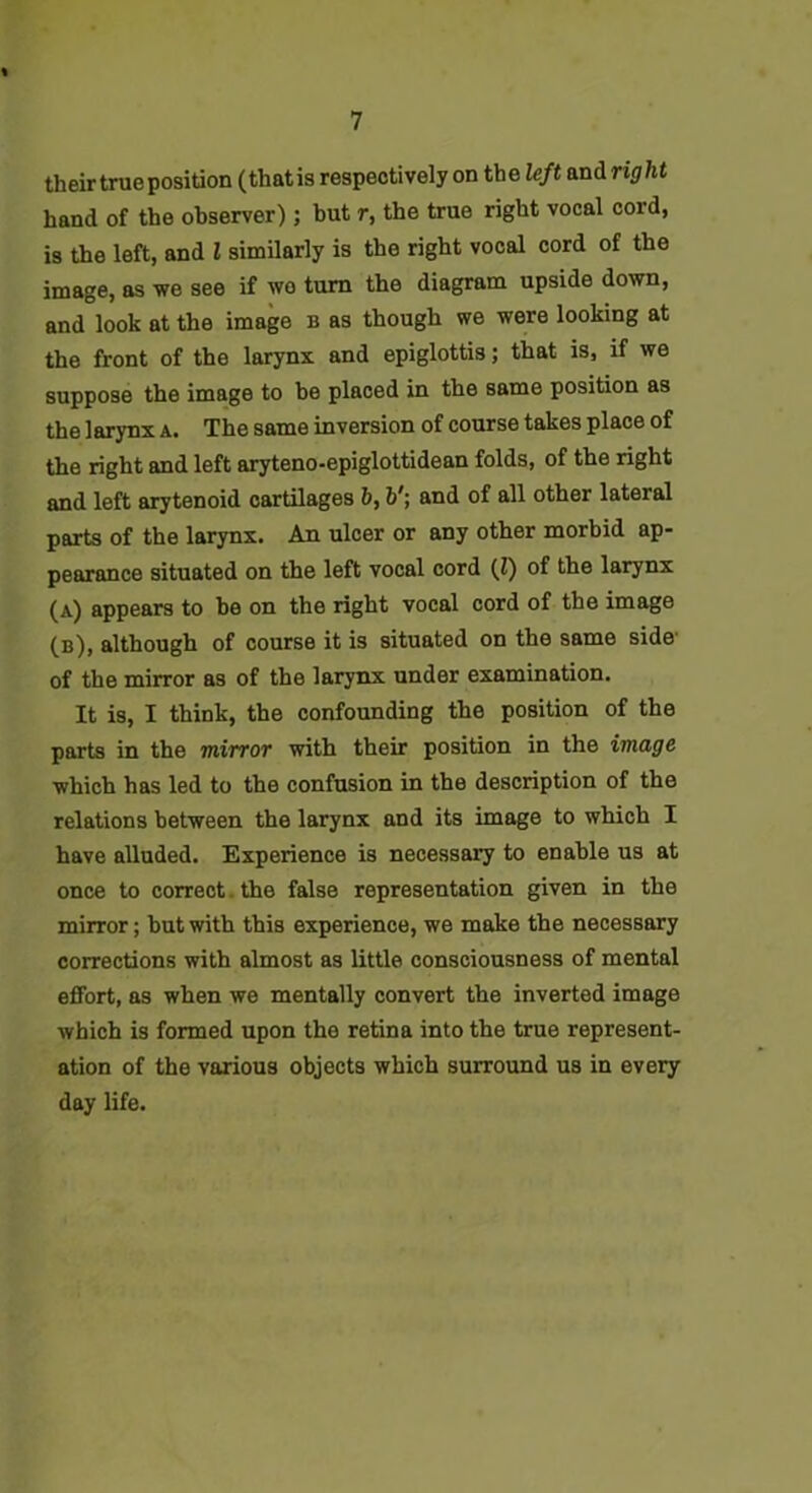 their true position (thatis respectively on the left andright hand of the observer); but r, the true right vocal cord, is the left, and I similarly is the right vocal cord of the image, as we see if wo turn the diagram upside down, and look at the image b as though we were looking at the front of the larynx and epiglottis; that is, if we suppose the image to be placed in the same position as the larynx a. The same inversion of course takes place of the right and left aryteno-epiglottidean folds, of the right and left arytenoid CMtilages b, b'; and of all other lateral parts of the larynx. An ulcer or any other morbid ap- pearance situated on the left vocal cord (1) of the larynx (a) appears to be on the right vocal cord of the image (b) , although of course it is situated on the same side' of the mirror as of the larynx under examination. It is, I think, the confounding the position of the parts in the mirror with their position in the image which has led to the confusion in the description of the relations between the larynx and its image to which I have alluded. Experience is necessary to enable us at once to correct, the false representation given in the mirror; but with this experience, we make the necessary corrections with almost as little consciousness of mental effort, as when we mentally convert the inverted image which is formed upon the retina into the true represent- ation of the various objects which surround us in every day life.