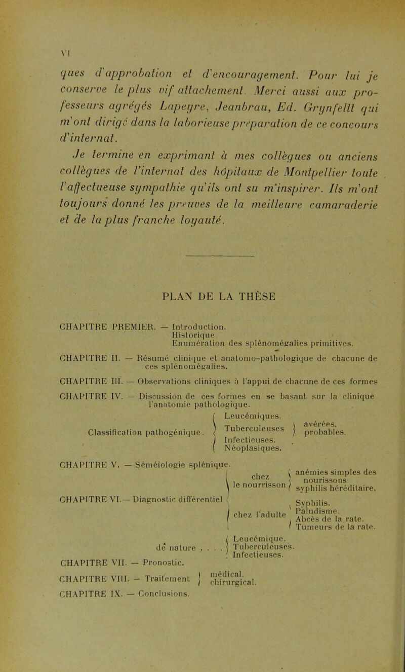 ques d'approbation et d'encouragement. Pour lui je conserve le plus vif attachement Merci aussi aux pro- fesseurs agrégés Lapegre, .Jeanbrau, Ed. Grynfellt qui m'ont dirigé dans la laborieuse préparation de ce concours d'internat. Je terminé en exprimant à mes collègues ou anciens collègues de l'internat des hôpitaux de Montpellier toute l'affectueuse sympathie qu'ils ont su m'inspirer. Ils m'ont toujours donné les preuves de la meilleure camaraderie et de la plus franche loyauté. PLAN DE LA THÈSE CHAPITRE PREMIER. — Introduction. Historique Enumération des splénomégalies primitives. CHAPITRE II. — Résumé clinique et anatomo-pathologique de chacune de ces splénomégalies. CHAPITRE III. — Observations cliniques à l'appui de chacune de ces formes CHAPITRE IV. — Discussion de ces formes en se basant sur la clinique l’anatomie pathologique. ( Leucémiques. Classification pathogénique. ) Tuberculeuses j pr0bables. ) Infectieuses. ( Néoplasiques. CHAPITRE V. — Séméiologie splénique. CHAPITRE VI.— Diagnostic différentiel ^ chez ^ le nourrisson / \ chez l'adulte I anémies simples des nourissons syphilis héréditaire. Syphilis. Paludisme. Abcès de la rate. Tumeurs de la raie. dé nature CHAPITRE VII. - Pronostic. Leucémique. Tuberculeuses. Infectieuses. CHAPITRE VIII. - Traitement J J^^gi CHAPITRE IX. — Conclusions.