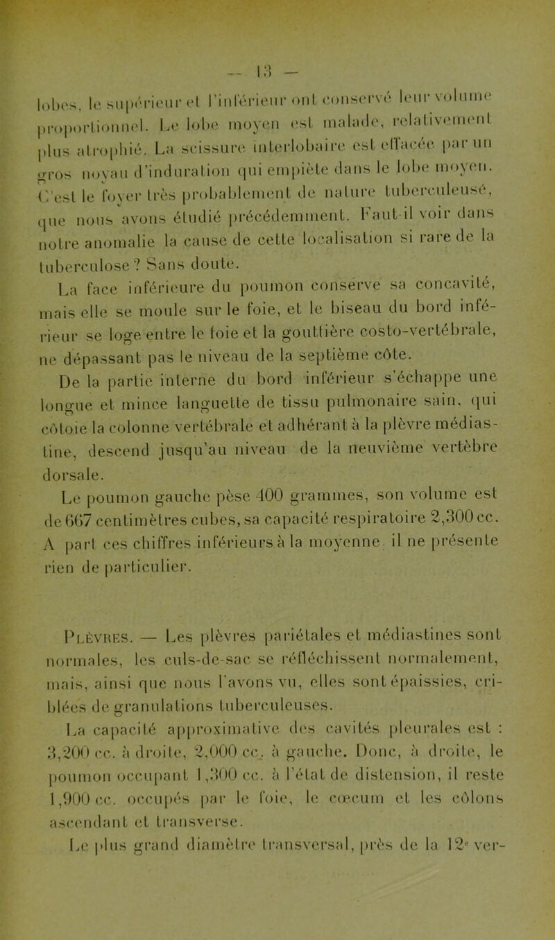 3 - lobes, le supérieur el l'inférieur ont conservé leur volume proportionnel. Le lobe moyen est malade, relativement plus atrophié. La scissure interlobaire est cllacée parmi gros noyau d’induration qui empiète dans le lobe moyen. C.’esl le loyer très probablement de nature tuberculeuse, que nous avons étudié précédemment. Faut-il voir dans notre anomalie la cause de cette localisation si rare de la tuberculose? Sans doute. La face inférieure du poumon conserve sa concavité, mais elle se moule sur le foie, et le biseau du bord infé- rieur se loge entre le foie et la gouttière costo-vertébrale, ne dépassant pas le niveau de la septième côte. De la partie interne du bord inférieur s’échappe une longue et mince languette de tissu pulmonaire sain, qui côtoie la colonne vertébrale et adhérant à la plèvre médias- line, descend jusqu’au niveau de la neuvième vertèbre dorsale. Le poumon gauche pèse 400 grammes, son volume est de 667 centimètres cubes, sa capacité respiratoire 2,300 cc. A part ces chiffres inférieurs à la moyenne il ne présente rien de particulier. Plèvres. — Les plèvres pariétales et médiastines sont normales, les culs-de-sac se réfléchissent normalement, mais, ainsi que nous l’avons vu, elles sont épaissies, cri- blées de granulations tuberculeuses. La capacité approximative des cavités pleurales est : 3,200 ce. adroite, 2,000 ce, à gauche. Donc, à droite, le poumon occupant 1,300 cc. à l’état de distension, il reste 1,900 cc. occupés par le foie, le cæcum et les côlons ascendant et transverse. Le plus grand diamètre transversal, près de la 12e ver-