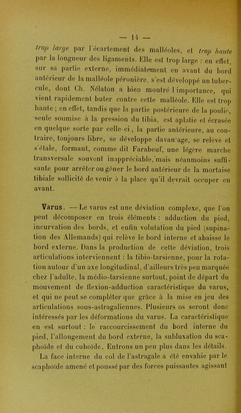 iroP lar9e par l'écartement des malléoles, et trop haute pai l<i longueur des ligaments, hile est trop large : en effet, sur sa partie externe, immédiatement en avant du bord antérieur de la malléole péronière, s’est développé un tuber- cule, dont Ch. Nélaton a bien montré 1 importance, qui vient rapidement buter contre cette malléole. Elle est trop haute , en elfel, tandis que la partie postérieure de la poulie, seule soumise à la pression du tibia, est aplatie et écrasée en quelque sorte par celle-ci, la partie antérieure, au con- traire, toujours libre, se développe davan’age, se relève et s’étale, formant, comme dit Farabeuf, une légère marche transversale souvent inappréciable, mais néanmoins suffi- sante pour arrêter ou gêner le bord antérieur de la mortaise tibiale sollicité de venir à la place qu’il devrait occuper en avant. Varus. —Le varus est une déviation complexe, que l’on peut décomposer en trois éléments : adduction du pied, incurvation des bords, et enfin volulation du pied (supina- tion des Allemands) qui relève le bord interne et abaisse le bord externe. Dans la production de cette déviation, trois articulations interviennent : la tibio-tarsienne, pour la rota- tion autour d’un axe longitudinal, d’ailleurs très peu marquée chez l’adulte, la médio-tarsienne surtout, point de départ du mouvement de flexion-adduction caractéristique du varus, et qui ne peut se compléter que grâce à la mise en jeu des articulations sous-astragaliennes. Plusieurs os seront donc intéressés par les déformations du varus. La caractéristique en est surtout : le raccourcissement du bord interne du pied, l’allongement du bord externe, la subluxation du sca- phoïde et du cuboïde. Entrons un peu plus dans les détails. La face interne du col de l’astragale a été envahie par le scaphoïde amené et poussé par des forces puissantes agissant