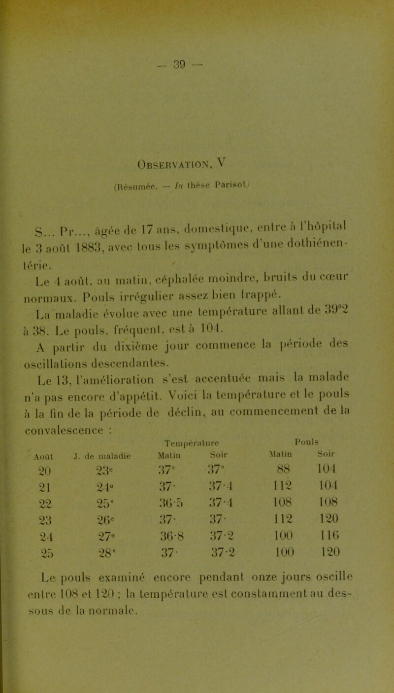 Observation. V (Résumée. — In thèse Parisoty S... Pr..., Agée de 17 ans, domestique, entre à 1 hôpital le 3 août 1883, avec tous les symptômes d’une dothiénen- térie. Le 4 août, au matin, céphalée moindre, bruits du cœur normaux. Pouls irrégulier assez bien happé. La maladie évolue avec une température allant de 39n2 à 38. Le pouls, fréquent, esta 101. A partir du dixième jour commence la période des oscillations descendantes. Le 13, l’amélioration s’est accentuée mais la malade n’a pas encore d’appétit. Voici la température et le pouls à la fin de la période de déclin, au commencement de la convalescence : Août J. de maladie Température Matin Soir Pouls Matin Soir 20 23e 37’ 37’ 88 104 21 24a 37- 37 4 112 104 22 25 e 36-5 37 4 108 108 23 20e 37- 37* 112 120 24 27e 36-8 37-2 100 116 25 28 e 37- 37-2 100 120 Le pouls examiné encore pendant onze jours oscille entre 108 et 120 ; la température est constamment au des- sous de la normale.