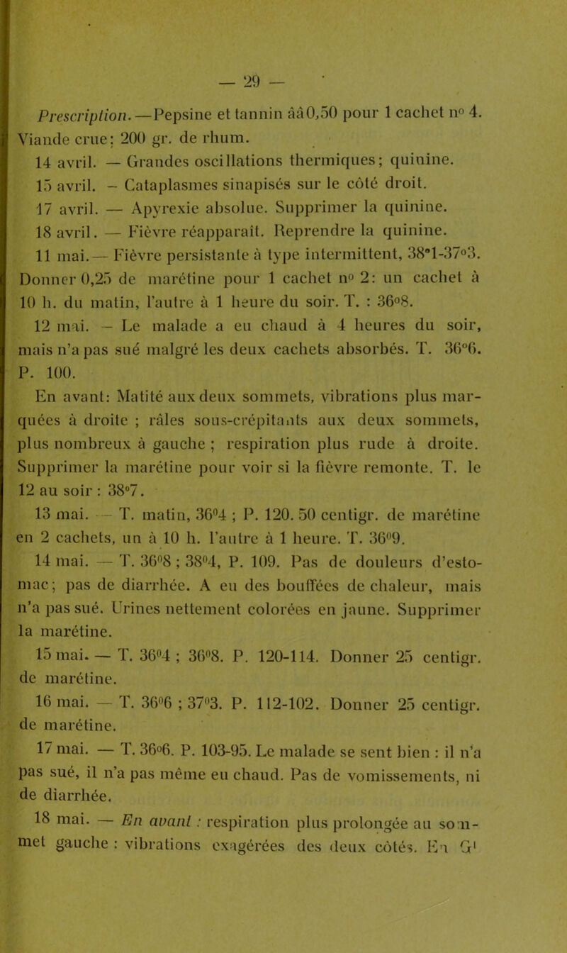 Prescription. —Pepsine et tannin âa0,50 pour 1 cachet n° 4. Viande crue; 200 gr. de rhum. 14 avril. — Grandes oscillations thermiques; quinine. 15 avril. - Cataplasmes sinapisés sur le côté droit. 17 avril. — Apyrexie absolue. Supprimer la quinine. 18 avril. — Fièvre réapparaît. Reprendre la quinine. 11 mai.— Fièvre persistante à type intermittent, 38° 1-37°3. Donner 0,25 de marétine pour 1 cachet n° 2: un cachet à 10 h. du matin, l’autre à 1 heure du soir. T. : 36°8. 12 mai. — Le malade a eu chaud à 4 heures du soir, mais n’a pas sué malgré les deux cachets absorbés. T. 36°6. P. 100. En avant: Matité aux deux sommets, vibrations plus mar- quées à droite ; râles sous-crépitants aux deux sommets, plus nombreux à gauche ; respiration plus rude à droite. Supprimer la marétine pour voir si la fièvre remonte. T. le 12 au soir : 38°7. 13 mai. — T. matin, 36°4 ; P. 120. 50 centigr. de marétine en 2 cachets, un à 10 h. l’autre à 1 heure. T. 369. 14 mai. — T. 36n8 ; 38°4, P. 109. Pas de douleurs d’esto- mac; pas de diarrhée. A eu des bouffées de chaleur, mais n’a pas sué. Urines nettement colorées en jaune. Supprimer la marétine. 15 mai. — T. 36°4 ; 36°8. P. 120-114. Donner 25 centigr. de marétine. 1() mai. — rl. 36°6 ; 37°3. P. 112-102. Donner 25 centigr. de marétine. 17 mai. — T. 36°6. P. 103-95. Le malade se sent bien : il n’a pas sué, il n’a pas même eu chaud. Pas de vomissements, ni de diarrhée. 18 mai. — En avant : respiration plus prolongée au som- met gauche : vibrations exagérées des deux côtés. Iv\ G1