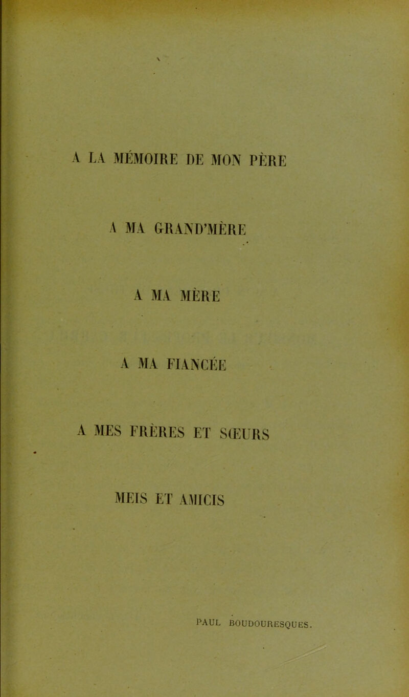 A LA MÉMOIRE DE MON PÈRE A MA GRANR’MÈRE a A MA MÈRE A MA FIANC A MES FRÈRES ET SIEURS MEIS ET AMICIS PAUL BOUDOURIÎSQUES.