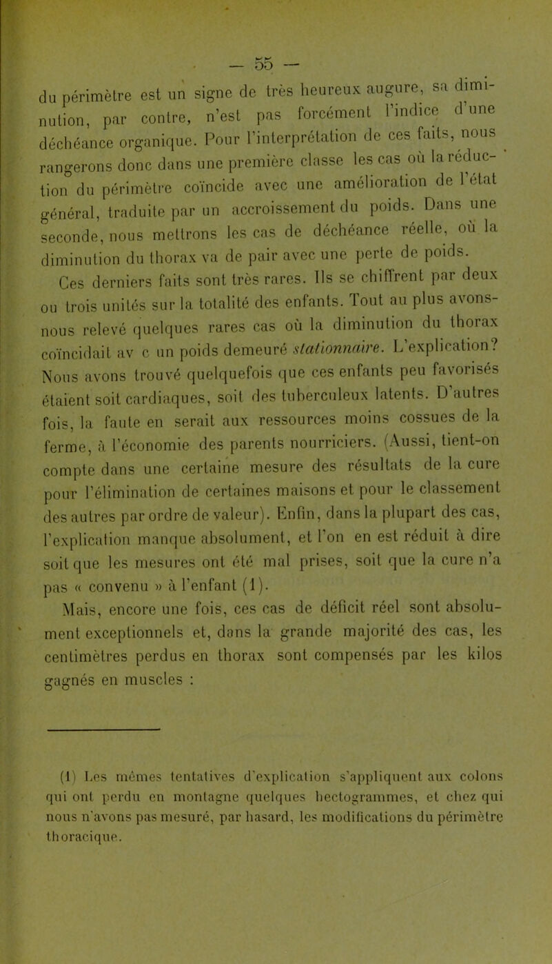 du périmètre est un signe de très heureux augure, sa dimi- nution, par contre, n’est pas forcément l’indice d’une déchéance organique. Pour l’interprétation de ces faits, nous rangerons donc dans une première classe les cas où la réduc- tion du périmètre coïncide avec une amélioration de 1 état général, traduite par un accroissement du poids. Dans une seconde, nous mettrons les cas de déchéance réelle, où la diminution du thorax va de pair avec une perte de poids. Ces derniers faits sont très rares. Ils se chiffrent par deux ou trois unités sur la totalité des enfants. Tout au plus avons- nous relevé quelques rares cas où la diminution du thorax coïncidait av c un poids demeuré stationnaire. L’explication? Nous avons trouvé quelquefois que ces enfants peu favorisés étaient soit cardiaques, soit des tuberculeux latents. D’autres fois, la faute en serait aux ressources moins cossues de la ferme, à l’économie des parents nourriciers. (Aussi, tient-on compte dans une certaine mesure des résultats de la cure pour l’élimination de certaines maisons et pour le classement des autres par ordre de valeur). Enfin, dans la plupart des cas, l’explication manque absolument, et l’on en est réduit à dire soit que les mesures ont été mal prises, soit que la cure n’a pas « convenu » à l’enfant (1). Mais, encore une fois, ces cas de déficit réel sont absolu- ment exceptionnels et, dons la grande majorité des cas, les centimètres perdus en thorax sont compensés par les kilos gagnés en muscles : (1) Les mêmes tentatives d’explication s’appliquent aux colons qui out, perdu en montagne quelques hectogrammes, et chez qui nous n’avons pas mesuré, par hasard, les modifications du périmètre thoracique.