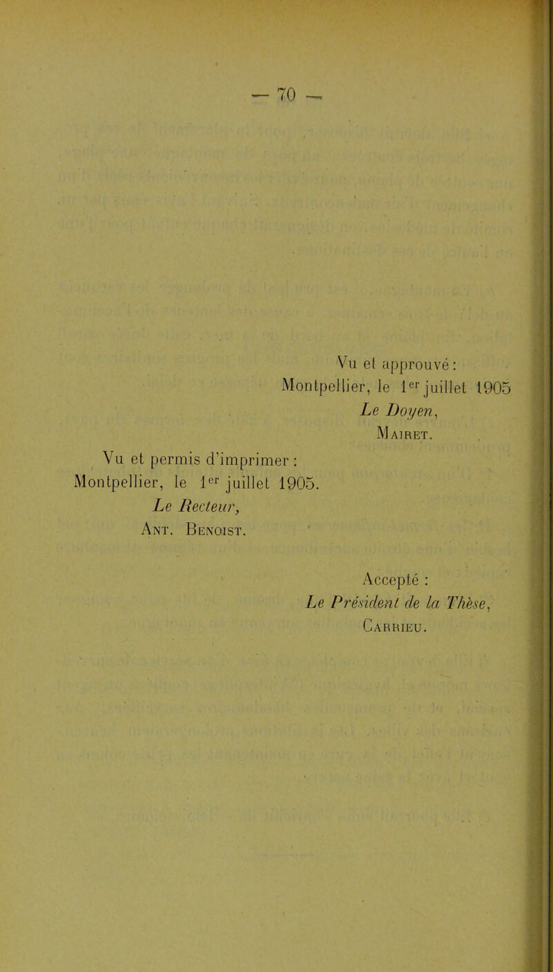 Vu et approuvé: Montpellier, le 1er juillet 1905 Le Doyen, Mairet. Vu et permis d’imprimer : Montpellier, le 1er juillet 1905. Le Recteur, Ant. Benoist. Accepté : Le Président de la Thèse, Carrieu.