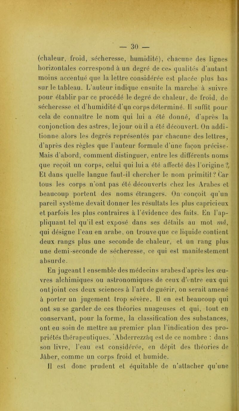 (chaleur, froid, sécheresse, humidité), chacune des lignes horizontales correspond à un degré de ces qualités d’autant moins accentué que la lettre considérée est placée plus bas sur le tableau. L’auteur indique ensuite la marche à suivre pour établir par ce procédé le degré de. chaleur, de froid, de sécheresse et d’humidité d’qn corps déterminé. Il suffit pour cela de connaître le nom qui lui a été donné, d’après la conjonction des astres, le jour où il a été découvert. On addi- tionne alors les degrés représentés par chacune des lettres, d’après des règles que l’auteur formule d’une façon précise- Mais d’abord, comment distinguer, entre les différents noms que reçoit un corps, celui qui lui a été affecté dès l’origine ?, Et dans quelle langue faut-il chercher le nom primitif? Car tous les corps n’ont pas été découverts chez les Arabes et beaucoup portent des noms étrangers. On conçoit qu'un pareil système devait donner les résultats les plus capricieux et parfois les plus contraires à l’évidence des faits. En l’ap- pliquant tel qu’il est exposé dans ses détails au mot mâ, qui désigne l’eau en arabe, on trouve que ce liquide contient deux rangs plus une seconde de chaleur, et un rang plus une demi-seconde de sécheresse, ce qui est manifestement absurde. En jugeant 1 ensemble des médecins arabesd'après les œu- vres alchimiques ou astronomiques de ceux d’entre eux qui ont joint ces deux sciences à l’art de guérir, on serait amené à porter un jugement trop sévère. 11 en est beaucoup qui ont su se garder de ces théories nuageuses et qui, tout en conservant, pour la forme, la classification des substances, ont eu soin de mettre au premier plan l’indication des pro- priétés thérapeut iques. Abderrezzâq est de ce nombre : dans son livre, l’eau est considérée, en dépit des théories de ? Jâber, comme un corps froid et humide. Il est donc prudent et équitable de n’attacher qu’une