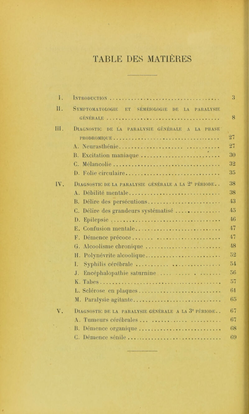 rABLE DES MATIÈRES I. Introduction 3 IL Symptomatologie et séméiologie de la paralysie GÉNÉRALE 8 III. Diagnostic de la paralysie générale a la phase PRODROMIQUE 27 A. Neurasthénie 27 / B. Excitation maniaque 30 G. Mélancolie 32 I). Folie circulaire 33 IV. Diagnostic de la paralysie générale a la 2e période. . 38 A. Débilité mentale 38 B. Délire des persécutions 43 C. Délire des grandeurs systématisé 45 D. Epilepsie 46 E. Confusion mentale 47 F. Démence précoce 47 G. Alcoolisme chronique 48 H. Polynévrite alcoolique 52 I. Syphilis cérébrale 54 J. Encéphalopathie saturnine 56 K. Tabes 57 L. Sclérose en plaques 61 M. Paralysie agitante 65 V. Diagnostic de la paralysie générale a la 3° période. . 67 A. Tumeurs cérébrales 67 B. Démence organique 68 C. Démence sénile 69