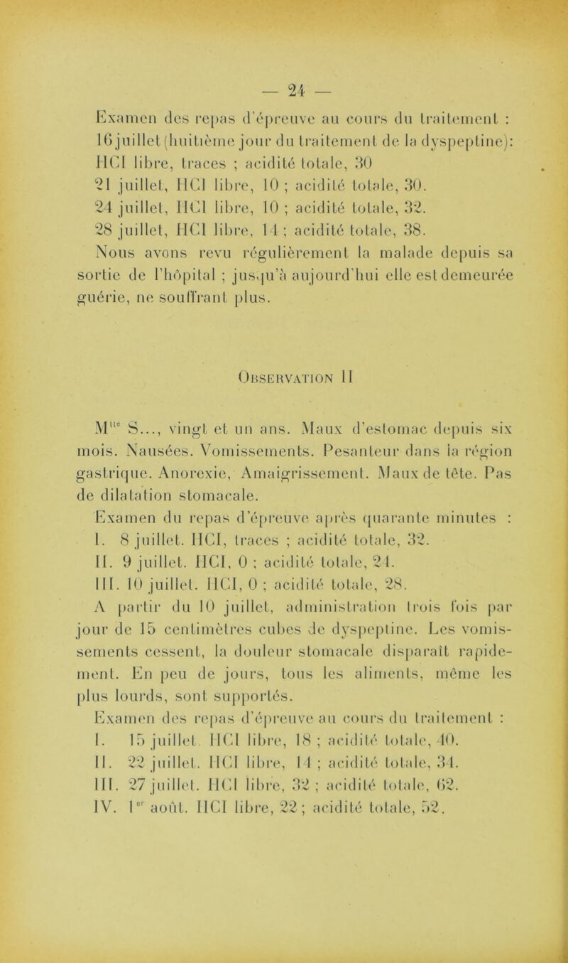 Examen des rc[)as d’épreuve au cours du li'aiteiueul : 1G juillet (huitième jour du traitement de la dysjieptiue): HCl libre, traces ; acidité totale, 30 21 juillet, IlCl libre, 10 ; acidité totale, 30. 24 juillet, IKH libre, 10 ; acidité totale, 32. 28 juillet, HCl libre, 14 ; acidité totale, 38. Nous avons revu régulièrement la malade de[)uis sa sortie de rbôpital ; jus,pi’à aujourd’hui elle est demeurée giiéiâe, ne soulTraut plus. (JlîSERVATlON H M‘'° S..., vingt et un ans. Maux d’estomac de[)uis six mois. Nausées. Vomissements. Pesanteur dans la région gastrique. Anorexie, Amaigrissement. Maux de tète. Pas de dilatation stomacale. Examen du repas d’épreuve après (piarante minutes : 1. 8 juillet. HCl, traces ; acidité totale, 32. H. 9 juillet. HCl, 0 ; acidité totale, 24. IIP 10 juillet. HC1,0; acidité totale, 28. A partir du 10 juillet, administration trois lois |)ar jour de 15 centimètres cubes Je dyspej)line. Les vomis- sements cessent, la douleur stomacale disparaît l'apide- ment. En peu de jours, tons les aliments, même les })lus lourds, sont supportés. Examen des repas d'éi)reuve au coui's du traitement : I. 15 juillet IKU libre, 18; acidité totale, 40. H. 22 juillet. HCl libre, 1 1 ; acidité totale, 31. III. 27 juillet. HCJ libre, 32; acidité totale, 02. IV. P' août. HCI libre, 22; acidité totale, 52.