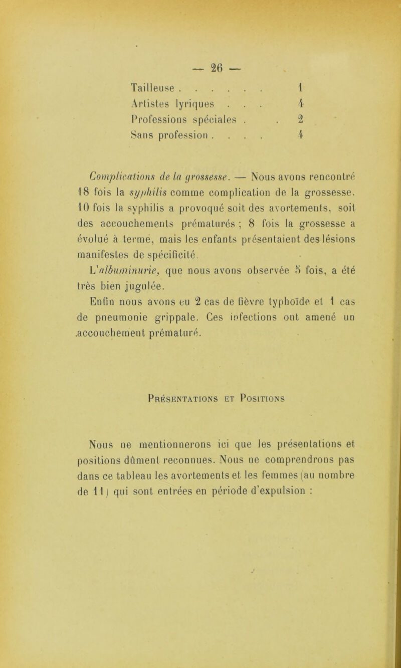 — 26 — Tai lieuse 1 Artistes lyriques ... 4 Professions spéciales . . 2 Sans profession .... 4 Complications de la grossesse. — Nous avons rencontré 18 fois la syphilis comme complication de la grossesse. 10 fois la syphilis a provoqué soit des avortements, soit des accouchements prématurés ; 8 fois la grossesse a évolué à terme, mais les enfants présentaient des lésions manifestes de spécificité. L'albuminurie, que nous avons observée 5 fois, a été très bien jugulée. Enfin nous avons eu 2 cas de fièvre typhoïde et t cas de pneumonie grippale. Ces infections ont amené un .accouchement prématuré. Présentations et Positions Nous ne mentionnerons ici que les présentations et positions dûment reconnues. Nous ne comprendrons pas dans ce tableau les avortements et les femmes (au nombre de 11 ) qui sont entrées en période d’expulsion :