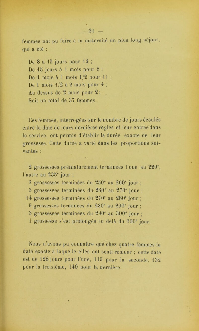 femmes ont pu faire à la maternité un plus long séjour, qui a été : De 8 à 15 jours pour 12 ; De 15 jours à 1 mois pour 8 ; De 1 mois à 1 mois 1/2 pour 11 ; De 1 mois 1/2 à 2 mois pour 4 ; Au dessus de 2 mois pour 2 ; . Soit un total de 37 femmes. Ces femmes, interrogées sur le nombre de jours écoulés entre la date de leurs dernières règles et leur entrée dans le service, ont permis d’établir la durée exacte de leur grossesse. Cette durée a varié dans les proportions sui- vantes : 2 grossesses prématurément terminées l’une au 229°, l’autre au 235e jour ; 2 grossesses terminées du 250e au 260e jour ; 3 grossesses terminées du 260e au 270e jour ; 14 grossesses terminées du 270e au 280° jour ; 9 grossesses terminées du 280e au 290e jour ; 3 grossesses terminées du 290e au 300e jour ; 1 grossesse s’est prolongée au delà du 300° jour. Nous n’avons pu connaître que chez quatre femmes la date exacte à laquelle elles ont senti remuer ; cette date est de 128 jours pour l’une, 119 pour la seconde, 132 pour la troisième, 140 pour la dernière.