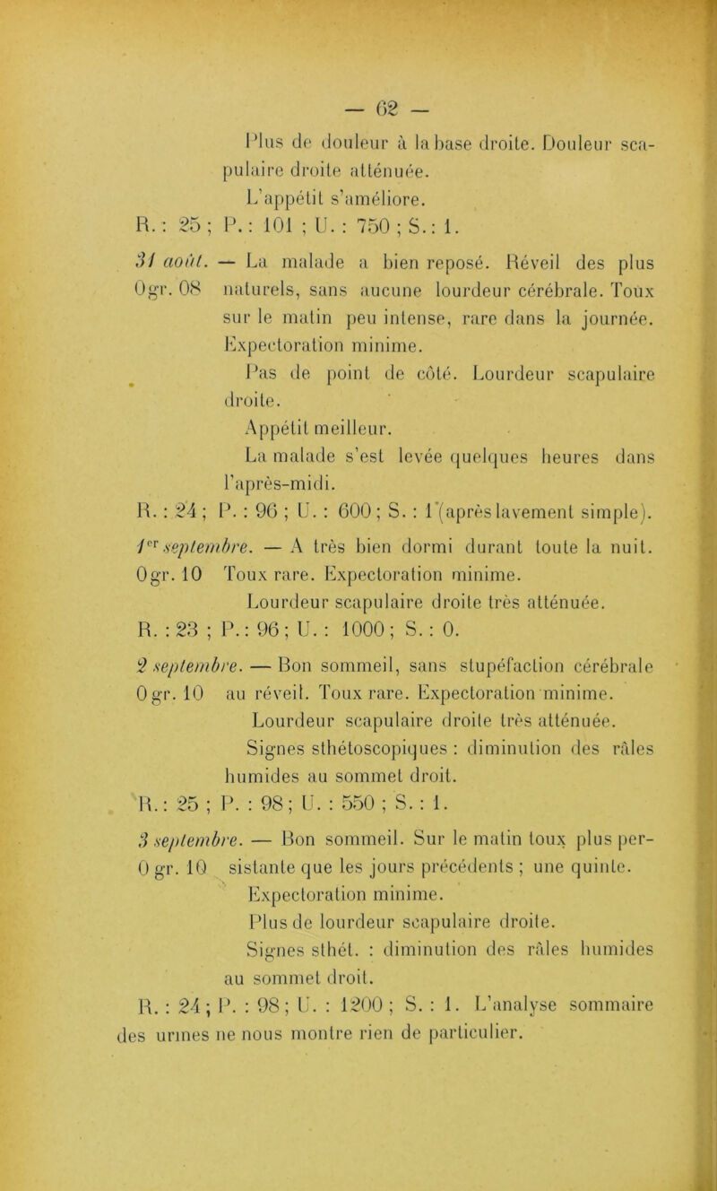 Plus de douleur à la base droite. Douleur sca- pulaire droite atténuée. L’appétit s’améliore. FL : 25; P.: 101 ; U. : 750; S.: 1. SI août. — La malade a bien reposé. Réveil des plus Ogr. 08 naturels, sans aucune lourdeur cérébrale. Toux sur le matin peu intense, rare dans la journée. Expectoration minime. Pas de point de côté. Lourdeur scapulaire droite. Appétit meilleur. La malade s’est levée quelques heures dans l’après-midi. R. : 24 ; P. : 96 ; U. : 600 ; S. : l’(après lavement simple). /°r .septembre. — A très bien dormi durant toute la nuit. Ogr. 10 Toux rare. Expectoration minime. Lourdeur scapulaire droite très atténuée. R. : 23 ; P.: 96; U. : 1000; S. : 0. 2 septembre. — Bon sommeil, sans stupéfaction cérébrale Ogr. 10 au réveil. Toux rare. Expectoration minime. Lourdeur scapulaire droite très atténuée. Signes sthétoscopiques : diminution des râles humides au sommet droit. R.: 25 ; P. : 98; U. : 550 ; S. : 1. S septembre. — Bon sommeil. Sur le matin toux plus per- 0 gr. 10 sistante que les jours précédents ; une quinte. Expectoration minime. Plus de lourdeur scapulaire droite. Signes sthét. : diminution des râles humides au sommet droit. R. : 24 ; P. : 98; U. : 1200 ; S. : 1. L’analyse sommaire des urines ne nous montre rien de particulier.