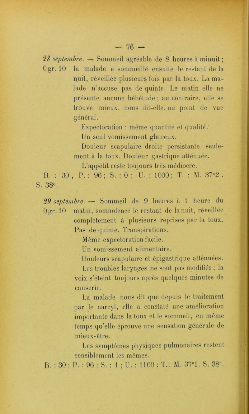28 septembre. — Sommeil agréable de 8 heures à minuit ; Ogr. 10 la malade a sommeillé ensuite le restant de la nuit, réveillée plusieurs fois par la toux. La ma- lade n’accuse pas de quinte. Le matin elle ne présente aucune hébétude ; au contraire, elle se trouve mieux, nous dit-elle, au point de vue B. : 30 général. Expectoration : même quantité et qualité. Un seul vomissement glaireux. Douleur scapulaire droite persistante seule- ment à la toux. Douleur gastrique atténuée. L’appétit reste toujours très médiocre. , P. : 96; S. : 0 ; U. : 1000; T. : M. 37°2 . S. 38°. *29 septembre. — Sommeil de 9 heures à 1 heure du Ogr. 10 matin, somnolence le restant de la nuit, réveillée complètement à plusieurs reprises par la toux. Pas de quinte. Transpirations. Même expectoration facile. Un vomissement alimentaire. Douleurs scapulaire et épigastrique atténuées. Les troubles laryngés ne sont pas modifiés ; la voix s’éteint toujours après quelques minutes de causerie. La malade nous dit que depuis le traitement par le narcyl, elle a constaté une amélioration importante dans la toux et le sommeil, en même temps qu’elle éprouve une sensation générale de mieux-être. Les symptômes physiques pulmonaires restent sensiblement les mêmes.