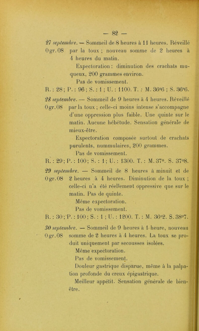 27 septembre. — Sommeil de 8 heures à 11 heures. Réveillé Ogr.08 par la toux; nouveau somme de 2 heures à 4 heures du matin. Expectoration: diminution des crachats mu- queux, 200 grammes environ. Pas de vomissement. R. : 28 ; P. : 96 ; S. : 1 ; U. : 1100. T. : M. 36°6 ; S. 36°6. 28 septembre. — Sommeil de 9 heures à 4 heures. Réveillé 0gr.08 parla toux; celle-ci moins intense s’accompagne d’une oppression plus faible. Une quinte sur le matin. Aucune hébétude. Sensation générale de mieux-être. Expectoration composée surtout de crachats purulents, nummulaires, 200 grammes. Pas de vomissement. R' : 29; P. : 100; S. : 1; U. : 1300. T. : M.370. S. 37°8. 29 septembre. — Sommeil de 8 heures à minuit et de 0gr.08 2 heures à 4 heures. Diminution de la toux; celle-ci n’a été réellement oppressive que sur le matin. Pas de quinte. Même expectoration. Pas de vomissement. R. : 30 ; P. : 100 ; S. : 1 ; U. : 1200. T. : M. 36°2. S.38°7. 30 septembre. — Sommeil de 9 heures à 1 heure, nouveau Ogr.08 somme de 2 heures à 4 heures. La toux se pro- duit uniquement par secousses isolées. Même expectoration. Pas de vomissement. • — Douleur gastrique disparue, même à la palpa- tion profonde du creux épigastrique. Meilleur appétit. Sensation générale de bien- être.