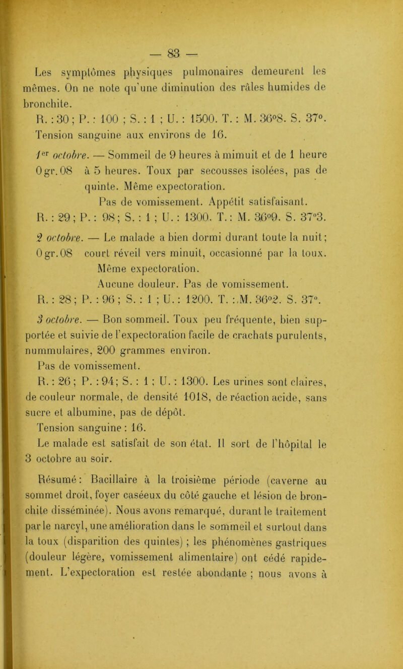 Les symptômes physiques pulmonaires demeurent les mêmes. On ne note qu’une diminution des raies humides de bronchite. R. : 30 ; P. : 100 ; S. : 1 ; U. : 1500. T. : M. 36°8. S. 37°. Tension sanguine aux environs de 16. Ier octobre. — Sommeil de 9 heures àmimuit et de 1 heure Ogr.08 à 5 heures. Toux par secousses isolées, pas de quinte. Même expectoration. Pas de vomissement. Appétit satisfaisant. R. : 29 ; P. : 98 ; S. : 1 ; U. : 1300. T. : M. 36°9. S. 37*3. 2 octobre. — Le malade a bien dormi durant toute la nuit; Ogr.08 court réveil vers minuit, occasionné par la toux. Même expectoration. Aucune douleur. Pas de vomissement. R. : 28 ; P. : 96 ; S. : 1 ; U. : 1200. T. :,M. 36°2. S. 31 3 octobre. — Bon sommeil. Toux peu fréquente, bien sup- portée et suivie de l’expectoration facile de crachats purulents, nummulaires, 200 grammes environ. Pas de vomissement. R. : 26 ; P. : 94; S. : 1 ; U. : 1300. Les urines sont claires, de couleur normale, de densité 1018, de réaction acide, sans sucre et albumine, pas de dépôt. Tension sanguine : 16. Le malade est satisfait de son état. Il sort de l’hôpital le 3 octobre au soir. Résumé : Bacillaire à la troisième période (caverne au sommet droit, foyer caséeux du côté gauche et lésion de bron- chite disséminée). Nous avons remarqué, durant le traitement par le narcyl, une amélioration dans le sommeil et surtout dans la toux (disparition des quintes) ; les phénomènes gastriques (douleur légère, vomissement alimentaire) ont cédé rapide- ment. L’expectoration est restée abondante ; nous avons à