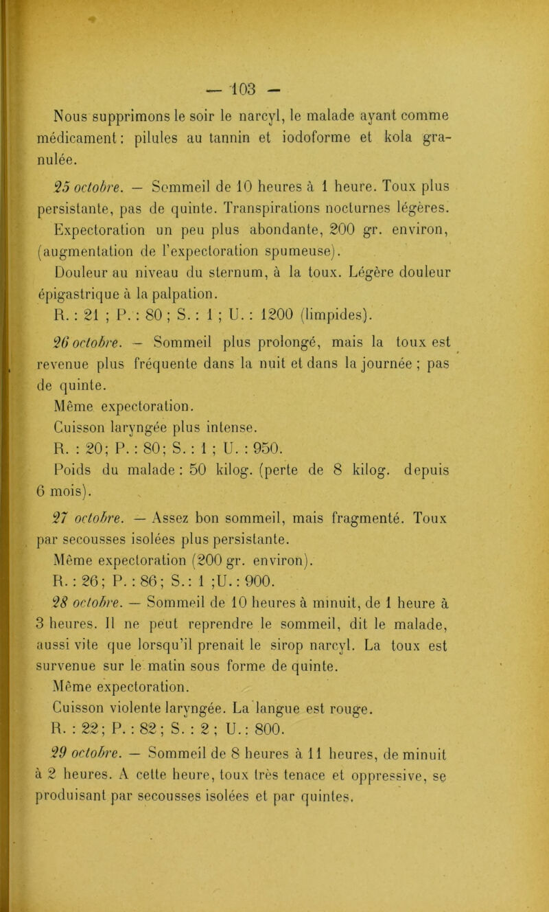 Nous supprimons le soir le narcyl, le malade ayant comme médicament ; pilules au tannin et iodoforme et kola gra- nulée. 25 octobre. — Sommeil de 10 heures à 1 heure. Toux plus persistante, pas de quinte. Transpirations nocturnes légères. Expectoration un peu plus abondante, 200 gr. environ, (augmentation de l’expectoration spumeuse). Douleur au niveau du sternum, à la toux. Légère douleur épigastrique à la palpation. R. : 21 ; P. : 80 ; S. : 1 ; U. : 1200 (limpides). % octobre. — Sommeil plus prolongé, mais la toux est revenue plus fréquente dans la nuit et dans la journée ; pas de quinte. Même expectoration. Cuisson laryngée plus intense. R. : 20; P. : 80; S. : 1 ; U. : 950. Poids du malade : 50 kilog. (perte de 8 kilog. depuis 6 mois). 27 octobre. — Assez bon sommeil, mais fragmenté. Toux par secousses isolées plus persistante. Même expectoration (200 gr. environ). R. : 26; P. : 86; S.: 1 ;U.:900. 2$ octobre. — Sommeil de 10 heures à minuit, de 1 heure à 3 heures. 11 ne peut reprendre le sommeil, dit le malade, aussi vite que lorsqu’il prenait le sirop narcyl. La toux est survenue sur le matin sous forme de quinte. Même expectoration. Cuisson violente laryngée. La langue est rouge. R. : 22; P. : 82; S. : 2; U.: 800. 29 octobre. — Sommeil de 8 heures à 11 heures, de minuit à 2 heures. A cette heure, toux très tenace et oppressive, se produisant par secousses isolées et par quintes.