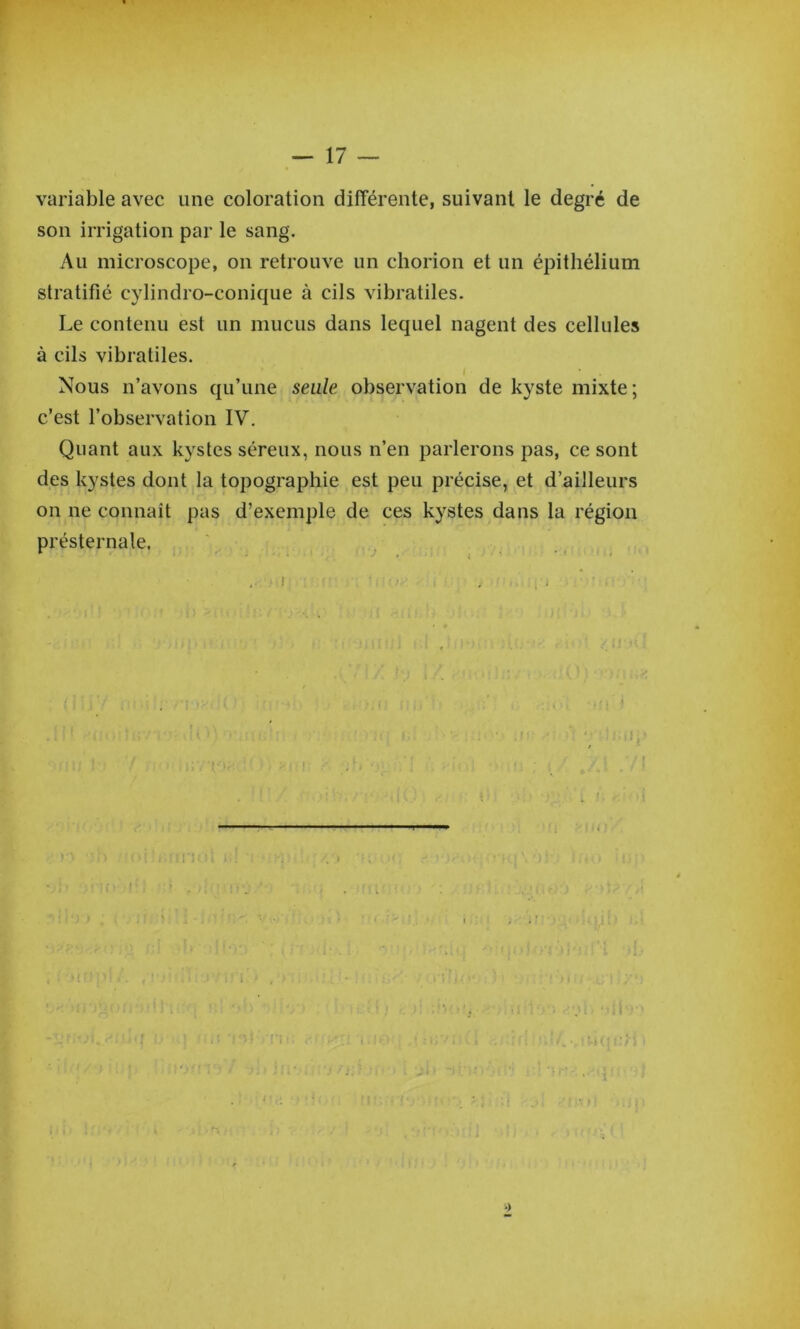 variable avec une coloration différente, suivant le degré de son irrigation par le sang. Au microscope, on retrouve un chorion et un épithélium stratifié cylindro-conique à cils vibratiles. Le contenu est un mucus dans lequel nagent des cellules à cils vibratiles. * Nous n’avons qu’une seule observation de kyste mixte; c’est l’observation IV. Quant aux kystes séreux, nous n’en parlerons pas, ce sont des kystes dont la topographie est peu précise, et d’ailleurs on ne connaît pas d’exemple de ces kystes dans la région présternale.