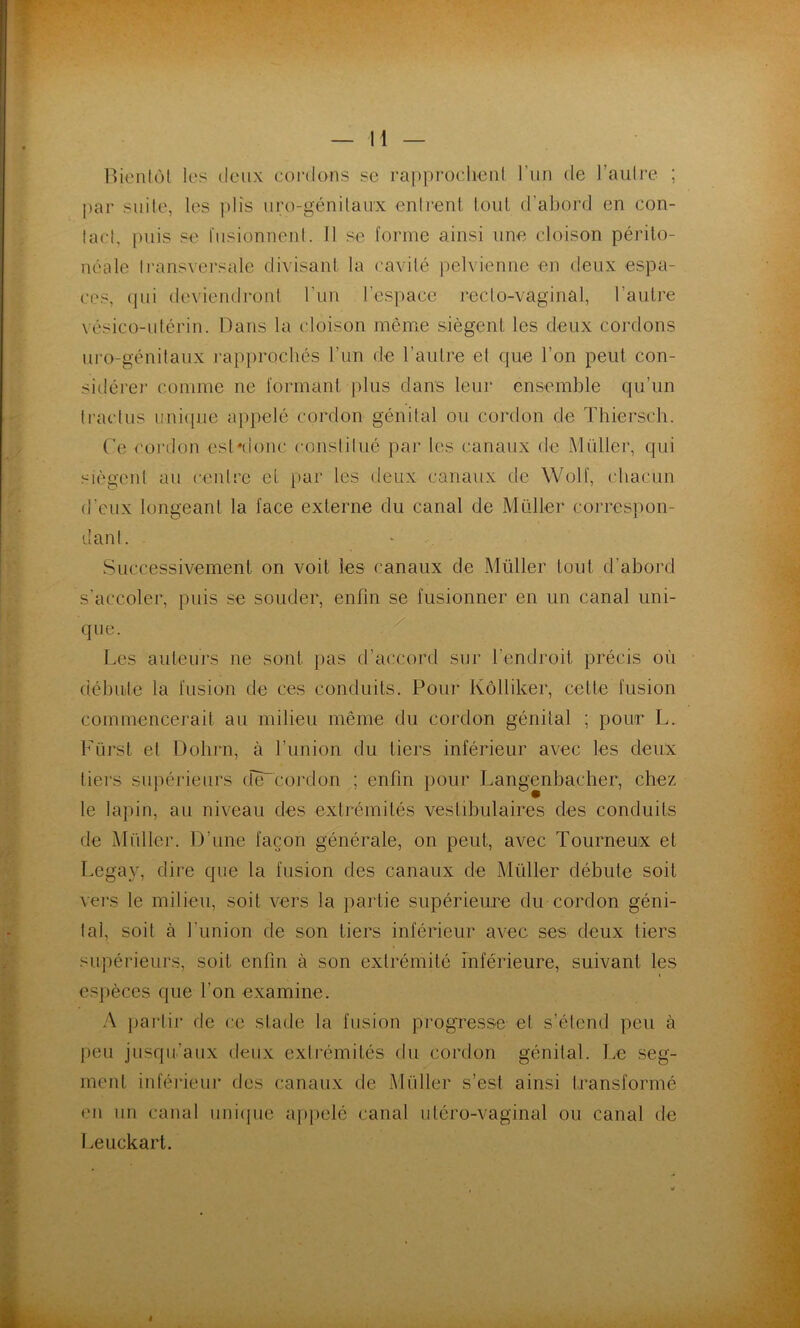 Bienlùl les deux cordons sc rapproclient l’un de l’aulre ; par suite, les plîs uro-génilaux enlrenl tout d’abord en con- lact, puis se l'usionneul. 11 se forme ainsi une cloison périto- néale Iransvei’sale divisant la cavilé ])elvienne en deux espa- ces, (jui deviendroni run l’espace reclo-vaginâl, l’autre vésico-ulérin. Dans la cloison même siègent les deux cordons uro-génilaux rapprochés l’un de l’aulre el que l’on peut con- sidérei’ comme ne formant plus dans leur ensemble qu’un (raclus unicpie appelé cordon génilal ou cordon de Thiersch. (’e cordon est^cionc conslilué par les canaux de Millier, qui siègent au cenlre et par les deux canaux de Wolf, chacun d’eux longeant la face externe du canal de Millier correspon- danl. Successivement on voit les canaux de Müller tout d’abord s’accoler, puis se souder, enfin se fusionner en un canal uni- que. Les auteurs ne sont pas d’accord sur l’endroit précis où débute la fusion de ces conduits. Pour Kôlliker, cette fusion commencerail au milieu même du cordon génilal ; pour L. Fürst et üohrn, à l’union du tiers inférieur avec les deux liei’S supérieurs efeWordon ; enfin pour Langenbacher, chez le lapin, au niveau des extrémités vestibulaires des conduits de Müller. D’une façon générale, on peut, avec Tourneux et Legay, dire que la fusion des canaux de Müller débute soit \ers le milieu, soit vers la partie supérieure du cordon géni- tal, soit à l’union de son tiers inférieur avec ses deux tiers supérieurs, soit enfin à son extrémité inférieure, suivant les espèces que l’on examine. A jjarlir rie ce stade la fusion progresse et s’étend peu à peu jusqu’aux (teiix exti'émités du cordon génilal. Le seg- ment inférieur des canaux de Müller s’est ainsi transformé en un canal uniipie appelé canal utéro-vaginal ou canal de Leuckart.