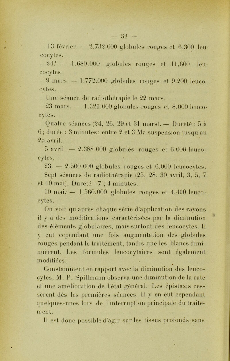 U] - 2.7‘^2.000 glohiilos ronges el (>.300 len- cocyles. 24.* — ].()<SO.(l00 glohnies j*ong(‘s el 11 ,(>00 len- eoeyles. 9 imn\s. — 1.772.000 globules l’ouges el 9.200 leuco- cytes. Une séance cb' racliotliéi‘aj)ie le 22 mars. 23 mars. — 1.320.000 gloluiles rouges el (S.OOO leuco- Quatre séances (24, 26, 29 et 31 marsb — Dureté : 5 à 6; durée : 3 minutes; entre 2 et 3 Ma suspension jusqu’au 25 avril. 0 avi*il. — 2.38(S.(jOO globules rouges et 6.(300 leuco- 23. — 2.500.000 globules rouges et 6.000 leucocytes. Sept séances de radiothérapie (25, 28, 30 avril, 3, 5, 7 et 10 mai). Dureté : 7 ; 4 minutes. 10 mai. — 1.560.(300 globules rouges et 4.400 leuco- cytes. On voit qu’après chaque série d’application des rayons il y a des modifications caractérisées par la diminution des éléments globulaires, mais surtout des leucocytes. Il y eut cependant une lois augmentation des globules rouges pendant le traitement, tandis que les blancs dimi- nuèrent. Les Formules leucocvtaires sont également tj O modifiées. Constamment en rapport avec la diminution des leuco- cytes, M. P. Spillmann observa une diminution de la rate et une amélioration de l’état général. Les éjiistaxis ces- sèrent dès les premières séances. Il y en eut cepemlanl quelques-unes lors de rinlei*i’U|)lion princi|)ale du traite- ment. 11 est donc |)ossible d’agir sur les tissus profonds sans
