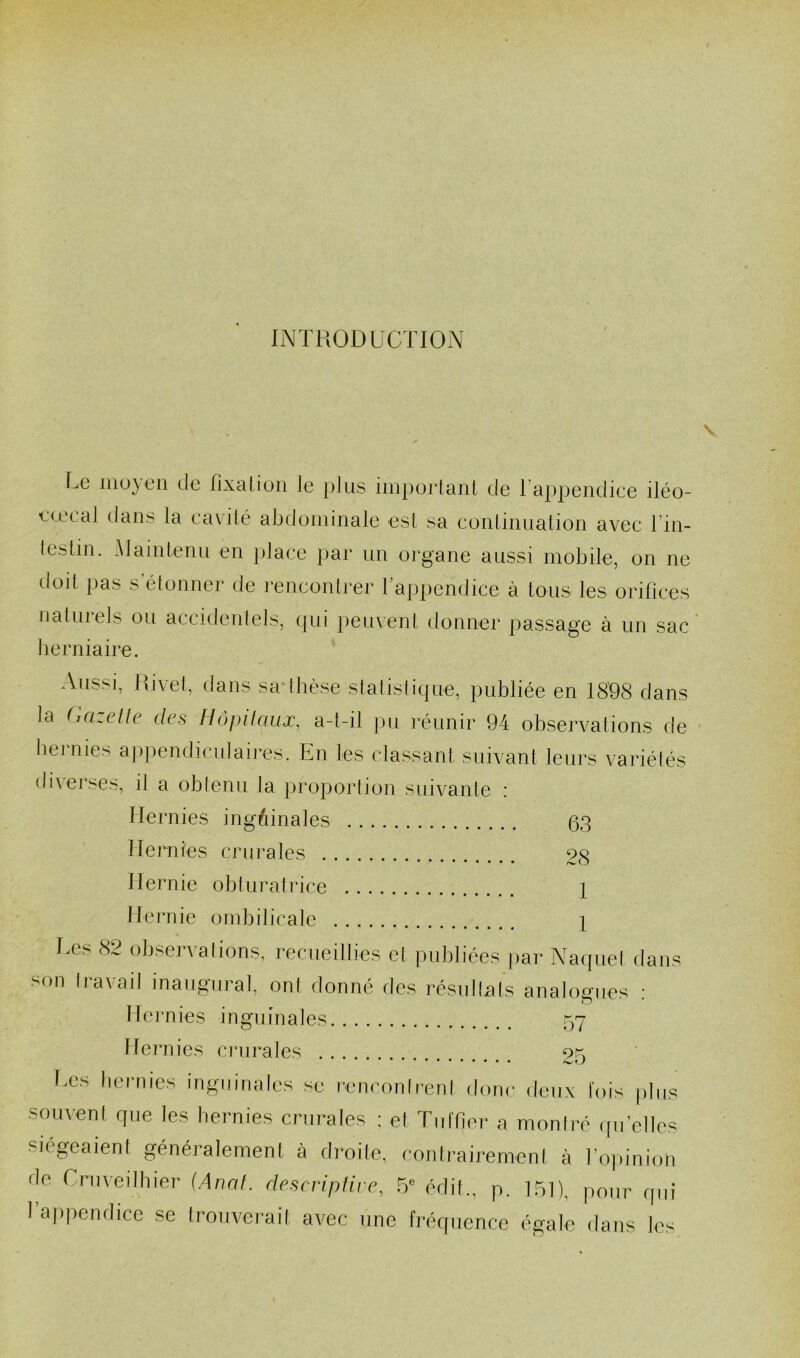 INTRODUCTION Le moyen de lixalion le plus important de l’appendice iléo- caecal dans la cavité abdominale est sa continuation avec l’in- testin. Maintenu en place par un organe aussi mobile, on ne dod pas s’étonner de rencontrer l’appendice à tous les orifices naturels ou accidentels, qui peuvent donner passage à un sac herniaire. Aussi, Hivet, dans sa thèse statistique, publiée en 1898 dans la Gazelle des Hôpitaux, a-t-il pu réunir 94 observations de hernies appendiculaires. En les classant suivant leurs variétés diverses, il a obtenu la proportion suivante : Hernies inguinales 63 Hernies crurales 28 Hernie obturatrice 1 Hern ie ombilicale \ Tes 82 observations, recueillies et publiées par Naquel dans son travail inaugural, ont donné des résultats analogues : Hernies inguinales 57 Hernies crurales .... vn Tes hernies inguinales se rencontrent donc deux fois plus souvenl que les hernies crurales : el Tuilier a montré qu’elles siégeaient généralement à droite, contrairement à l’opinioh de Cniveilhier (Anal, descriptive, 5' édit., p. 151), pour qui l’appendice se trouverait avec une fréquence égale dans les