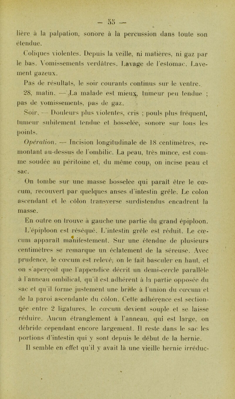 O O — 00 lière à la palpation, sonore à la percussion dans (ouïe son étendue. Coliques violentes. Depuis la veille, ni matières, ni gaz par le bas. \ omissements verdâtres. Lavage de l’estomac. Lave- ment gazeux. Pas de résultats, le soi]- courants continus sur le ventre.. 28, matin. —.La malade est mieux, tumeur peu tendue ; pas de vomissements, pas de gaz. Soir. — Douleurs plus violentes, cris ; pouls plus fréquent, fumeur subilemenl fendue el bosselée, sonore sur Ions les points. Opération. — Incision longitudinale de 18 centimètres, re- montant au-dessus de l'ombilic. La peau, très mince, est com- me soudée au péritoine et, du même coup, on incise peau el sac. On tombe sur une masse bosselée qui paraît être le cæ- cum, recouvert par quelques anses d’intestin grêle. Le colon ascendant et le côlon Iransverse surdistendus encadrent la masse. En outre on frouve à gauche une partie du grand épiploon. L’épiploon est réséqué. L'intestin grêle est réduit. Le cœ- cum apparaîl manifestement. Sur une étendue de plusieurs centimètres se remarque un éclatement de la séreuse. Avec prudence, le cæcum est relevé; on le fait basculer en liant, et on s aperçoit que l’appendice décrit un demi-cercle parallèle à 1 anneau ombilical, qu'il est adhérent à la partie opposée du sac et qu il forme justement une bride à l’union du cæcum et de la paroi ascendante du côlon. Cette adhérence est section- née entre 2 ligatures, le cæcum devient souple et se laisse réduire. Aucun étranglement à l’anneau, qui est large, on débride cependant encore largement. Il reste dans le sac les portions d’intestin qui y sont depuis le début de la hernie. Il semble en effet qu’il y avait là une vieille hernie irréduc-