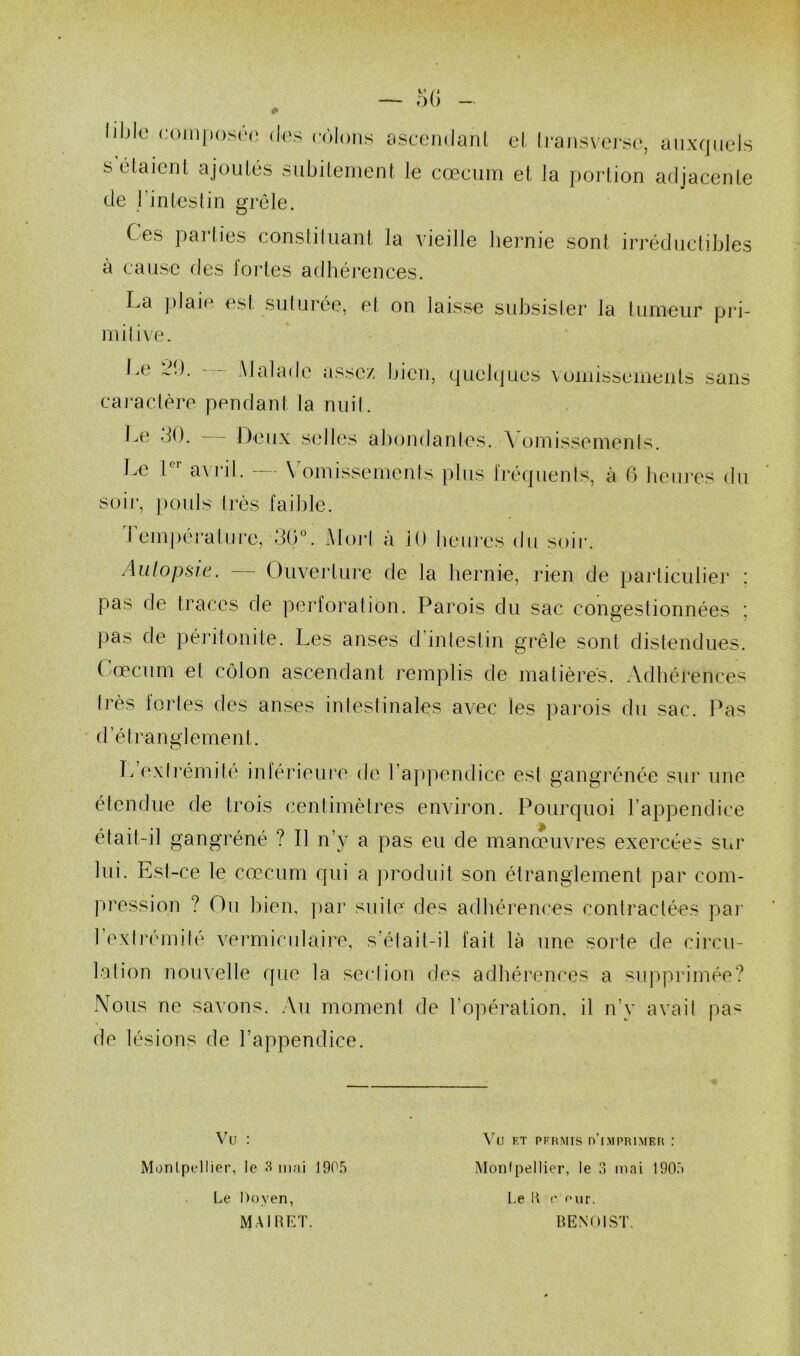 — 5 G - liGle composée des côlons ascendant et Iransversc, auxquels s étaient ajoutés subitement le cæcum et la portion adjacente de I intestin grêle. Ces parties constituant la vieille hernie sont irréductibles à cause des fortes adhérences. La plaie est suturée, et on laisse subsister la tumeur pri- mitive. Le JO. — Malade assez bien, quelques vomissements sans caractère pendant la nuil. Le GO. Deux selles abondantes. \ omisscments. Le Ie1 avril. — Vomissements plus fréquents, à G heures du soir, pouls très faible. Température, 30°. Mort à 10 heures du soir. Autopsie. — Ouverture de la hernie, rien de particulier : pas de traces de perforation. Parois du sac congestionnées ; pas de péritonite. Les anses d'intestin grêle sont distendues. Cæcum et côlon ascendant remplis de matières. Adhérences très fortes des anses intestinales avec les parois du sac. Pas d’étranglement. L extrémité inférieure de 1 appendice est gangrénée sur une étendue de trois centimètres environ. Pourquoi l’appendice était-il gangréné ? Tl n’y a pas eu de manœuvres exercées sur lui. Est-ce le cæcum qui a produit son étranglement par com- pression ? Ou bien, par suite des adhérences contractées par l’extrémité vermiculaire, s’étail-il fait là une sorte de circu- lation nouvelle que la section des adhérences a supprimée? Nous ne savons. Au moment de l’opération, il n’y avait pas de lésions de l’appendice. Vu : Montpellier, le 3 mai 1905 Vu ET PERMIS n’iMPRIMKR : Montpellier, le 3 mai 1905 Le Doyen, MA IR ET. Le K p our. BENOIST.