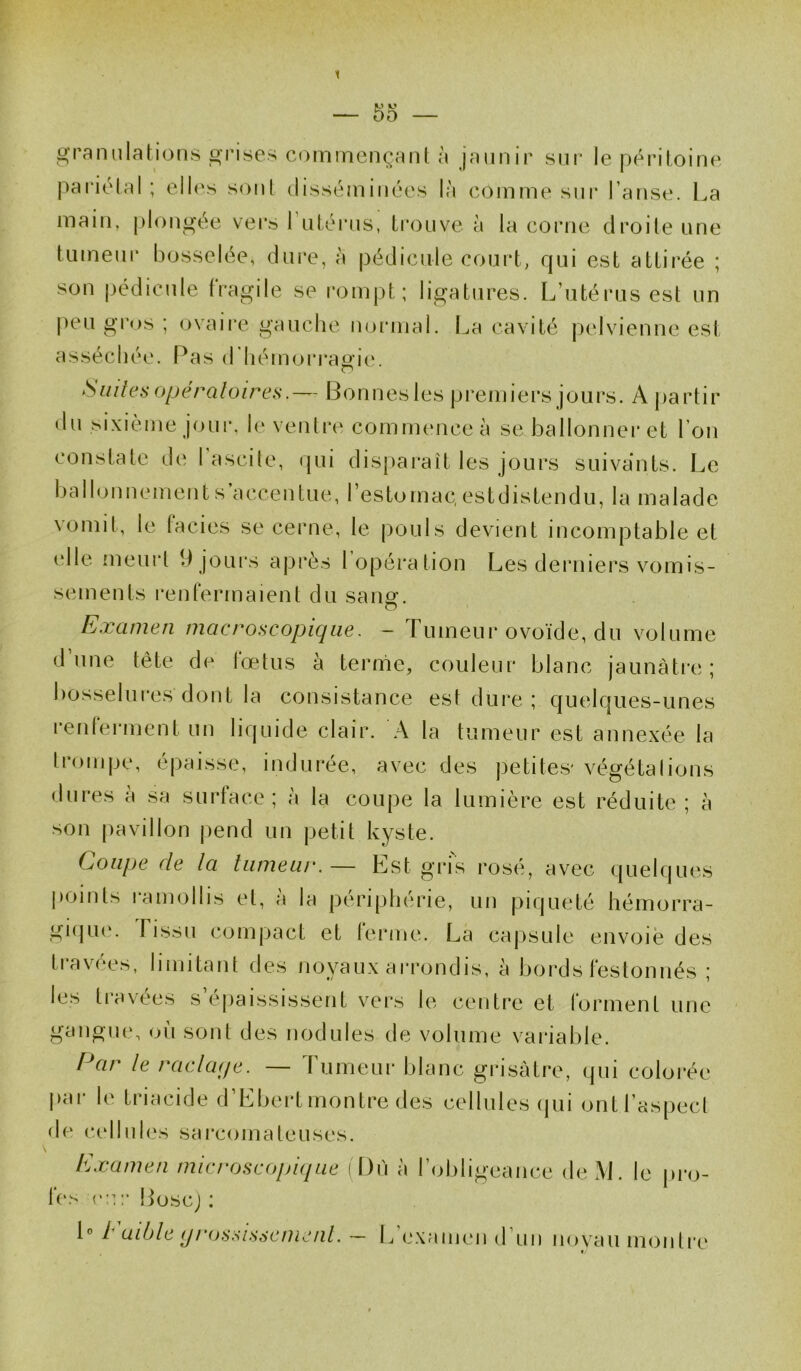 1 — 55 — granulations grises commençant à jaunir sur le péritoine pariétal ; elles sont disséminées là comme sur Panse. La main, plongée vers 1 utérus, trouve à la corne droite une tumeur bosselée, dure, à pédicule court, qui est attirée ; son pédicule fragile se rompt; ligatures. L’utérus est un peu gros ; ovaire gauche normal. La cavité pelvienne est asséchée. Pas d'hémorragie. Suites opératoires.— Bonnes les premiers jours. A partir du sixième jour, le ventre commence à se ballonner et l’on constate de l’ascite, qui disparaît les jours suivants. Le ballonnements accentue, l’estomac,estdistendu, la malade vomit, le faciès se cerne, le pouls devient incomptable et elle meurt 9 jours après 1 opération Les derniers vomis- sements renfermaient du sang. O Examen macroscopique. — Fumeur ovoïde, du volume dune tète de fœtus à ternie, couleur blanc jaunâtre; bosselures dont la consistance est dure ; quelques-unes renferment un liquide clair. A la tumeur est annexée la trompe, épaisse, indurée, avec des petites' végéta lions dures à sa surface; à la coupe la lumière est réduite ; à son pavillon pend un petit kyste. Coupe de la tumeur. — Est gris rosé, avec quelques points ramollis et, a la périphérie, un piqueté hémorra- gique. Tissu compact et ferme. La capsule envoie des travées, limitant des noyaux arrondis, à bords festonnés ; les travées s’épaississent vers le centre et forment une gangue, ou sont des nodules de volume variable. IJar le raclai)e. — Fumeur blanc grisâtre, qui colorée par le Iriacide d’Ebertmontre des cellules qui ont.l’aspeet de cellules sarcomateuses. Examen microscopique (Dû à l’obligeance de M. le pro- ies en ;• Boscj ; 1° I aille grossissement. — L’examen d’un novau montre