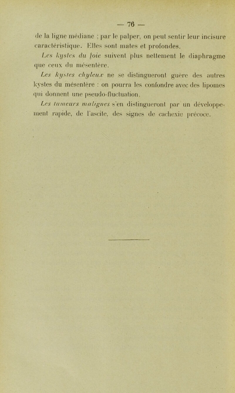 (le la ligne médiane ; par le palper, on peiil sentir leur incisure caj’acléristicjiie. Elles sont mates et profondes. I.CS h'ijsles du loie suivent plus nettement le diaphragme (pie ceux du mésenlère. Les hysies chyleux ne se distingueront guère des autres kystes du mésentère ; on pourra les confondre avec des lipomes qui donnent une pseudo-fluctualion. Les lu meurs mu h gués s’en dislingiieront pai’ un dévelopiic- ment rapide, de rascite, des signes de cachexie })récocc.