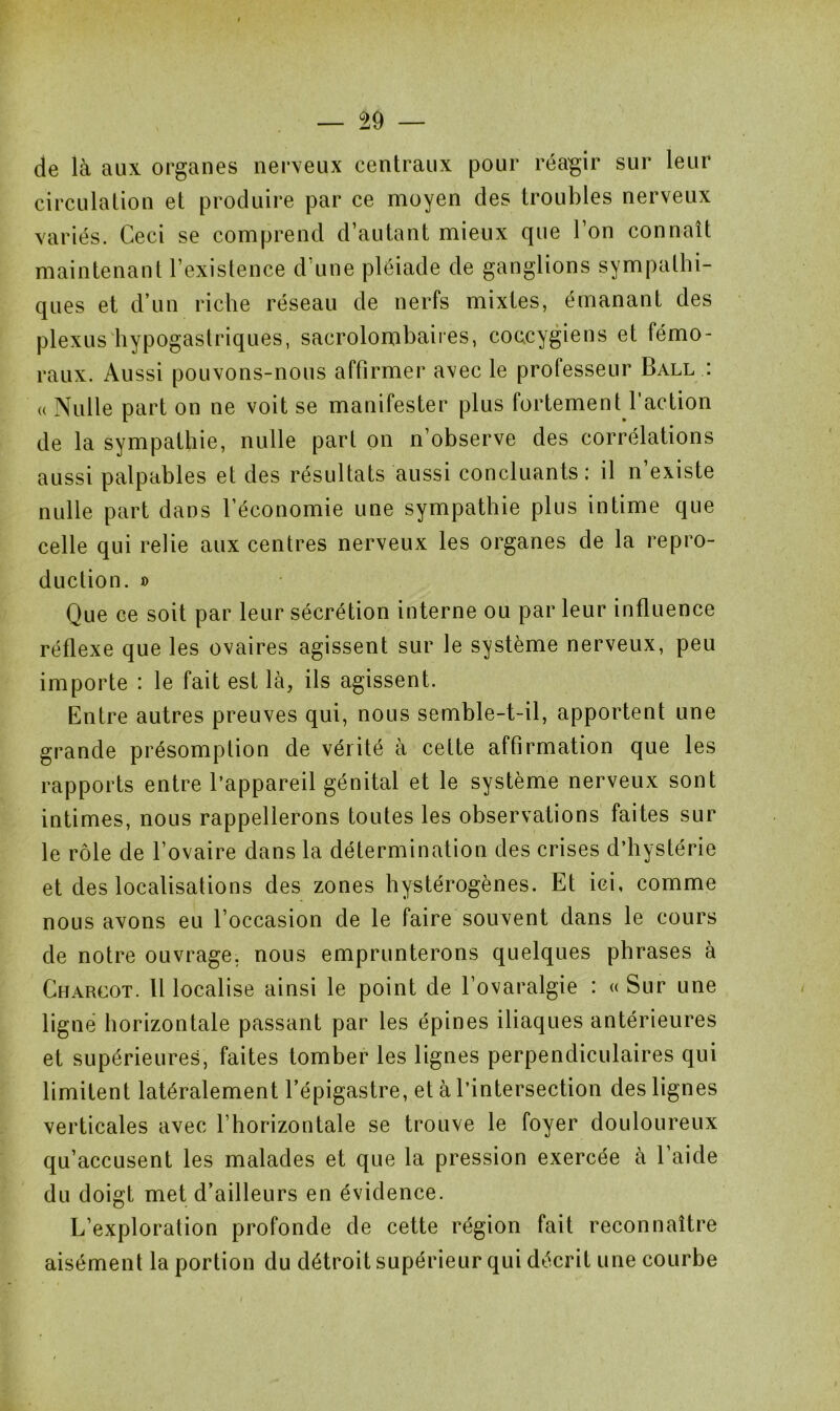 de là aux organes nerveux centraux pour réagir sur leur circulation et produire par ce moyen des troubles nerveux variés. Ceci se comprend d’autant mieux que l’on connaît maintenant l’existence d’une pléiade de ganglions sympathi- ques et d’un riche réseau de nerfs mixtes, émanant des plexus hypogastriques, sacrolombaires, coc.cygiens et fémo- raux. Aussi pouvons-nous affirmer avec le professeur Ball : u Nulle part on ne voit se manifester plus fortement faction de la sympathie, nulle part on n’observe des corrélations aussi palpables et des résultats aussi concluants: il n’existe nulle part dans l’économie une sympathie plus intime que celle qui relie aux centres nerveux les organes de la repro- duction. » Que ce soit par leur sécrétion interne ou par leur influence réflexe que les ovaires agissent sur le système nerveux, peu importe : le fait est là, ils agissent. Entre autres preuves qui, nous semble-t-il, apportent une grande présomption de vérité à cette affirmation que les rapports entre l’appareil génital et le système nerveux sont intimes, nous rappellerons toutes les observations faites sur le rôle de l’ovaire dans la détermination des crises d’hystérie et des localisations des zones hystérogènes. Et ici, comme nous avons eu l’occasion de le faire souvent dans le cours de notre ouvrage, nous emprunterons quelques phrases à Charcot. Il localise ainsi le point de l’ovaralgie : « Sur une ligne horizontale passant par les épines iliaques antérieures et supérieures, faites tomber les lignes perpendiculaires qui limitent latéralement l’épigastre, et à l’intersection des lignes verticales avec l’horizontale se trouve le foyer douloureux qu’accusent les malades et que la pression exercée à l’aide du doigt met d’ailleurs en évidence. L’exploration profonde de cette région fait reconnaître aisément la portion du détroit supérieur qui décrit une courbe