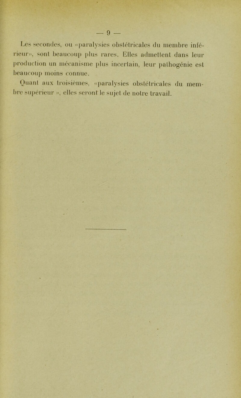 ï.cs secondes, ou «paralysies obslélricalcs du membre infé- rieur)', sont beaucoup [)lus l’ares. Elles admeüent clans leur production un mécanisme i)lus incertain, leur pathogénie est beaucoup moins connue. Quant aux troisièmes, «])aralysies obstétricales du mem- bre supérieur », elles seront'le sujet de notre travail.