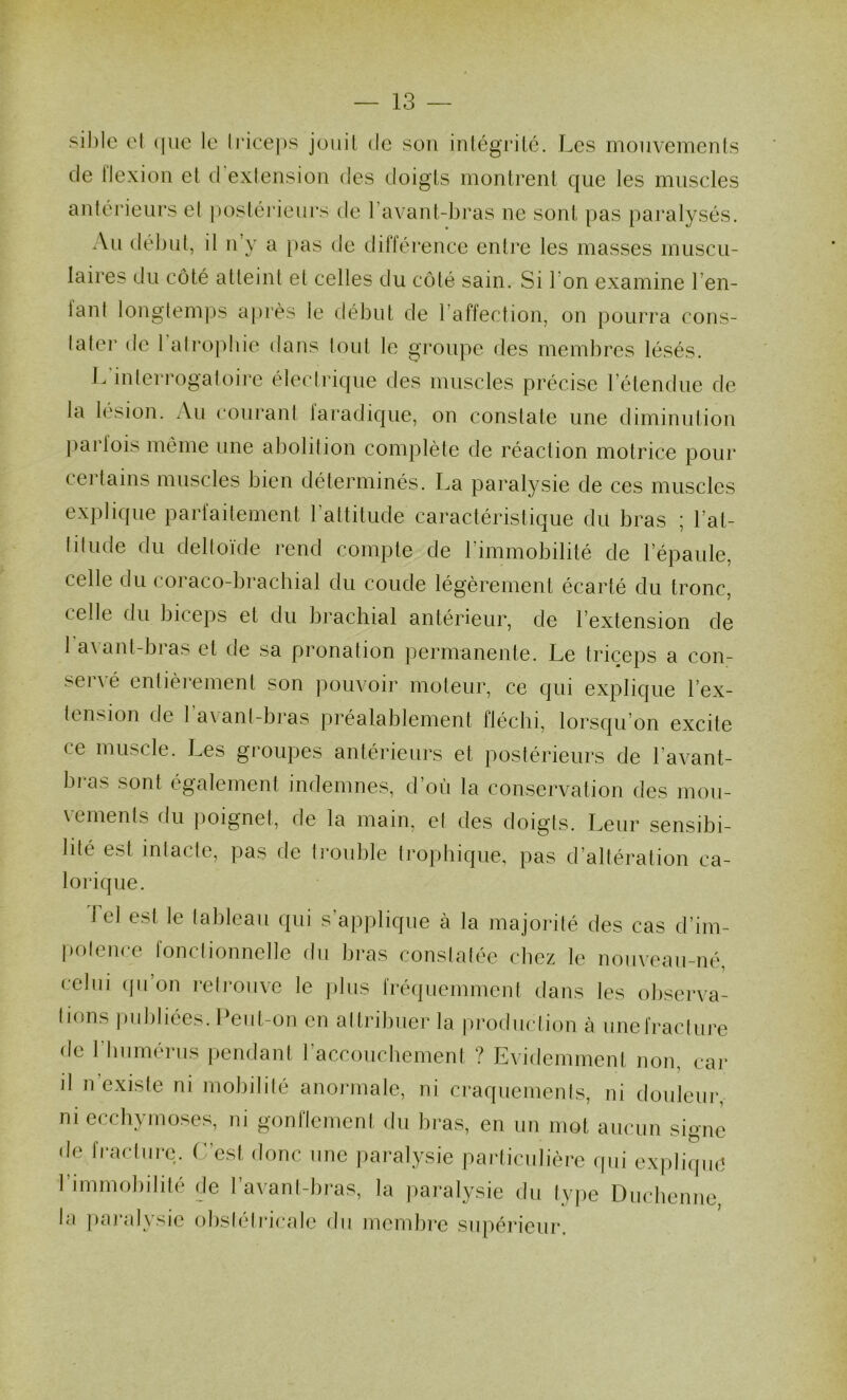 sihle el (jiic le li‘ice]^s jouil de son inlégrilé. Les monvemenis de flexion et d'extension des doigts montrent que les muscles anterieurs et postérieurs de l’avant-bras ne sont pas paralysés. An début, il n’y a [)as de différence enti'e les masses muscu- laires du côté atteint et celles du côté sain. Si l’on examine l’en- lant longtemps api’ès le début de l’affection, on pourra cons- tater de 1 atrophie dans tout le groupe des membres lésés. J. interi’ogatoire électrique des muscles précise l’étendue de la lésion. Au courant laradique, on constate une diminution pai lois meme une abolition complète de réaction motrice pour cei tains muscles bien déterminés. La paralysie de ces muscles explique parfaitement l’attitude caractéristique du bras ; l’at- titude du deltoïde rend compte de l’immobilité de l’épaule, celle du coraco-brachial du coude légèrement écarté du tronc, celle du biceps et du brachial antérieur, de l’extension de 1 avant-bras et de sa pronation permanente. Le triceps a con- servé entièinment son pouvoir moteur, ce qui explique l’ex- tension de l’avant-bras préalablement fléchi, lorsqu’on excite ce muscle. Les groupes antérieurs et postérieurs de l’avant- bi-as sont également indemnes, d’où la conservation des mou- vements du poignet, de la main, el des doigts. Leur sensibi- lité est intacte, pas de trouble trophique, pas d’altération ca- lorique. Tel est le tableau qui s’applique à la majorité des cas d’im- polence fonctionnelle dn bras constatée chez le noiivean-né, celui (pi on introiive le plus fréquemment dans les observa- tions publiées. Leiit-on en altribner la prodnclion à unefracliire de 1 bumerus pendant 1 accouebement ? Evidemment non, cai* il n’existe ni mobilité anormale, ni craqnemenls, ni douleur, ni eccbymose.s, ni gonflement du bras, en un mot aucun signe de fracture. C’est donc une paralysie particulière ([ni explique^ l’immobilité (.le l’avanl-bras, la paralysie du type Diicbenne, la paralysie obsiéiricale dn membre supérieur.