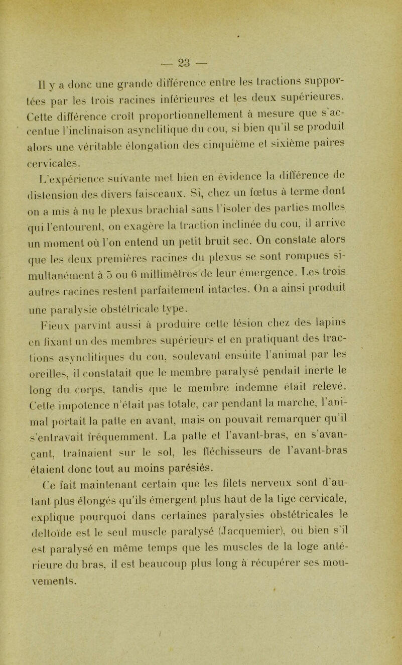 Il y a donc une gi’ande différence entre les tractions suppor- tées par les trois racines inférieures et les deux supérieures. Cette différeuce croît proportionnellement à mesure que s’ac- centue l’inclinaison asynclilique du cou, si bien qu’il se produit alors une vérilable élongation des cinquième et sixième paires cervicales. L’expérience suivaide met bien en évidence la diffejence de distension des divers faisceaux. Si, chez un fœtus à terme dont on a mis à nu le plexus brachial sans 1 isoler des pallies molles qui l enlourent, on exagère la traction inclinée du cou, il aiiive un moment où l’on entend un petit bruit sec. On constate alors que les deux premières racines du plexus se sont rompues si multanément à 5 ou G millimètres de leur émergence. Les trois autres racines restent parfaitement intactes. On a ainsi produit une paralysie obstétricale type. Fieux parvint aussi à produire cetle lésion chez des lapins en fixant un des membres supérieurs et en pratiquant des tiac- tions asyncliliques du cou, soulevanl ensuite 1 animal par les oreilles, il constatait que le membre paralysé pendait inerte le long du corps, tandis que le membre indemne était relevé. Celle impotence n’était pas totale, car pendant la marche, l’ani- mal portait la patte en avant, mais on pouvait remarquer qu il s’entravait fréquemment. La patte et l’avant-bras, en s’avan- çant, traînaient sur le sol, les fléchisseurs de l’avant-bras étaient donc tout au moins parésiés. Ce fait maintenant certain que les filets nerveux sont d’au- tant plus élongés (ju’ils émergent plus haut de la tige cervicale, explique pourquoi dans certaines paralysies obstétricales le deltoïde est le seul muscle paralysé (Jacquemier), ou bien s’il est paralysé en même temps que les muscles de la loge anté- rieure du bras, il est beaucoup plus long à récupérer ses mou- vements.