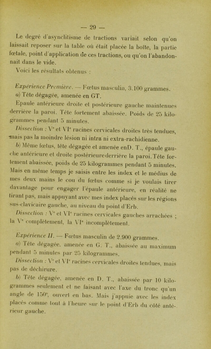 Le degré d asyuclilisine de (l’aclions variaii selon qu’on laissait reposer sur la table où était placée la boîte, la partie fœtale, point d’application de ces tractions, ou qu’on l’abandon- nait dans le vide. \^oici les résultals obtenus : hxpéi icncc Prciuière. bœtus niascidin, 3.100 grammes. ü) Tête dégagée, amenée en GT. b-.paule anlérieure droilc et postérieure gauche maintenues derrière la pai*oi. Tète fortemcnl abaissée. Poids de 25 kilo- grammes pendant 5 minules. D.i>isecli()n : V® et VP racines cervicales droites très tendues, ■mais pas la moindre lésion ni intra ni extra-rachidienne. h) Même fœlus, tête dégagée et amenée enD. T., épaule gau- che antérieure et droite postérieure derrière la paroi. Tête for- tement abaissée, poids de 25 kilogrammes pendant 5 minutes. Mais en même temps je saisis entre les index et le médius de mes deux mains le cou du fœtus comme si je voulais tirer davantage pour engager l’épaule antérieure, en réalité ne tirant pas, mais appuyant avec mes index placés sur les régions siis-clavicaire ganclie, au niveau du point d’Erb. Dissechon : et VP racines cervicales gauches arrachées ; la complètement, la \P incomplètement. Cxpé] iciicc II. Fœtus masculin de 2.900 grammes a) Tête dégagée, amenée en G. T., abaissée au maximum pendant 5 minntes pai- 25 kilogrammes. Disseclion : et VP racines cervicales droites tendues, mais pas de déchirure. b) TcMc dégagée, amenée en D. T., abaissée par 10 kilo- grammes seulemenl cl ne faisanl avec l’axe du Ironc qu’un angle de 150, ouverl en bas. Mais j’a|ipuic avec les index placés comme loiil à l'beiire sur le poini d’Ri-b du côlé anié- rieur gauche.
