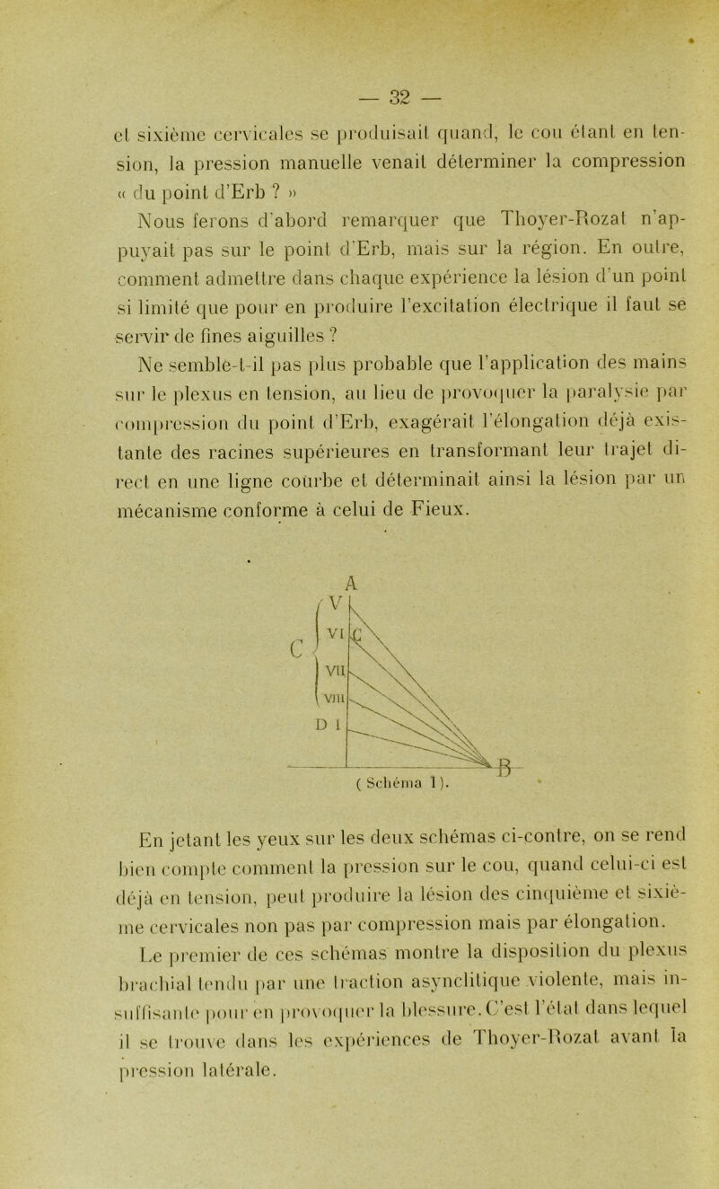 cl sixième cervicales se produisait rpiand, le cou élanl en ten- sion, la pression manuelle venait déterminer la compression (( du point d’Erb ? » Nous ferons d'abord remarquer que Thoyer-Rozat n’ap- puyait pas sur le point d'Erb, mais sur la région. En outre, comment admettre dans chaque expérience la lésion d’un point si limité que pour en produire l’excitation électrique il faut se servir de fines aiguilles ? Ne semble-t-il pas plus probable que l’application des mains sur le plexus en tension, au lieu de provocpier la paralysie par (M)in[)i'ession du point d’Erb, exagérait l’élongation déjà exis- tante des racines supérieures en transformant leur trajet di- rect en une ligne courbe et déterminait ainsi la lésion par un mécanisme conforme à celui de Fieux. A En jetant les yeux sur les deux schémas ci-contre, on se rend bien compte comment la pression sur le cou, quand celui-ci est tléjà en tension, peut produire la lésion des cimiuième et sixiè- nm cei'vicales non pas par compression mais par élongation. Le ])j’emier de ces schémas montre la disposition du plexus brachial lemlu j)ar une Iraction asynclitique violente, mais in- siiHisant(‘pour en provoipu'i* la blessure, (./est létal dans lecpiel il se IrouNe dans les expéi‘iences de Thoyer-Rozat a\ant la pression latérale.