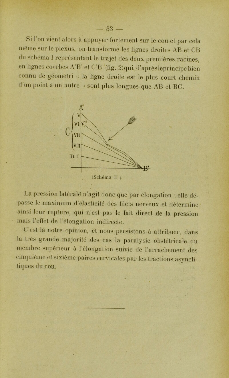 Si l’on vient alors à appuyer foiienient sur le cou et par cela même sur le plexus, on transforme les lignes droiles AB et CB du schéma 1 représentant le trajet des deux premières racines, en lignes courbes A B’ et C’B’ (fig. 2)qui, d’aprèsleprincipebien connu de géométri « la ligne droite est le plus court chemin d’nn point à un autre » sont plus longues que AB et BC. La pression latérale' n’agit donc que par élongation ; elle dé- passe le maximum d’élaslicilé des fdets nerveux et détermine* ainsi leur rupfLU’e, qui n’est pas le fait direct de la pression mais l’effet de l’élongation indirecle. C est là notre opinion, et nous persistons à attribuer, dans la Irès grande majorité des cas la paralysie obstétricale du inendDi’e supérieur à 1 élongation suivie de l’arrachement des cinquième el sixième paires cervicales par les Iraclions asyncli- tiques du cou.