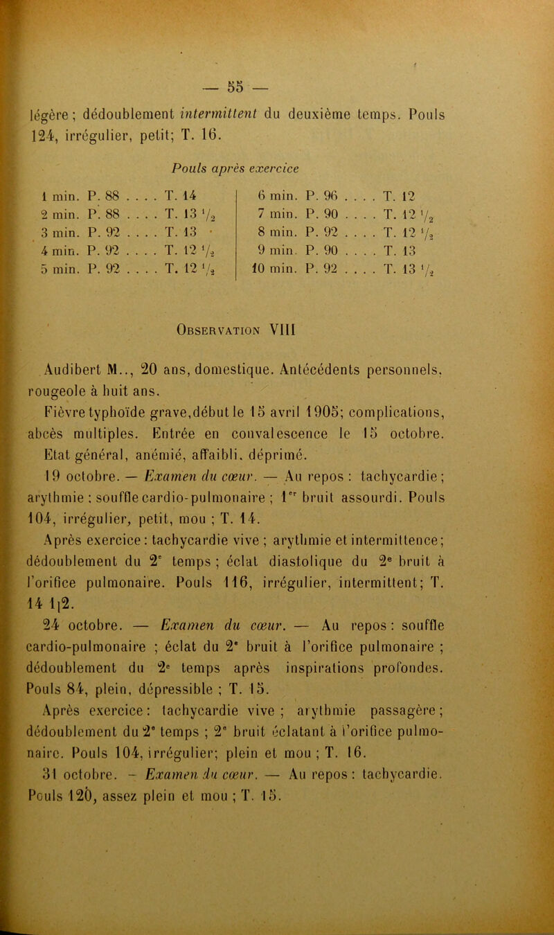 [■ légère; dédoubiemeni intermittent du deuxième temps. Pouls I 124, irrégulier, petit; T. 16. Pouls après exercice 1 min. P. 88 . 2 min. P’. 88 . 3 min. P. 92 . 4 min. P. 92 . 5 min. P. 92 . . . . T. 14 . . . T. 13 V2 . . . T. 13 1 . . . T. 12 ‘A . . . T. 12 6 min. P. 96 .... T. 12 7 min. P. 90 .... T. 12 ’/g 8 min. P. 92 ... . T. 12 Vs 9 min. P. 90 .... T. 13 10 min. P. 92 .... T. 13 f * f' t h \ r r r t-. L- I Observation VIII Audibert M.., 20 ans, domestique. Antécédents personnels, rougeole à huit ans. Fièvre typhoïde grave,début le 15 avril 1905; complications, abcès multiples. Entrée en convalescence le 15 octobre. Etat général, anémié, affaibli, déprimé. 19 octobre. — Examen du cœur. — Au repos : tachycardie ; arythmie : souffle cardio-pulmonaire ; 1' bruit assourdi. Pouls 104, irrégulier, petit, mou ; T. 14. Après exercice: tachycardie vive; arythmie et intermittence; dédoublement du 2' temps ; éclat diastolique du 2® bruit à l’orifice pulmonaire. Pouls 116, irrégulier, intermittent; T. 14 li2. 24 octobre. — Examen du cœur. — Au repos: souffle cardio-pulmonaire ; éclat du 2* bruit à l’orifice pulmonaire ; dédoublement du 2® temps après inspirations profondes. Pouls 84, plein, dépressible ; T. 15. I Après exercice: tachycardie vive; arythmie passagère; dédoublement du 2® temps ; 2® bruit éclatant à l’orifice pulmo- naire. Pouls 104, irrégulier; plein et mou ; T. 16. 31 octobre. - Examen du cœur. — Au repos: tachycardie.