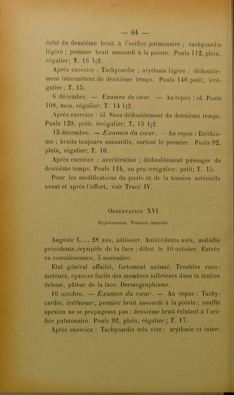 éclat du deuxième l)ruit à rorifiee pulmonaire ; tachycardie légère; premier bruit assourdi à la pointe. Pouls 112, plein, régulier; T. 15 li2. Après exercice : Tachycardie ; arythmie légère ; dédouble- ment intermittent du deuxième temps. Pouls 140,petit, irré- gulier; T. 15. 6 décembre. — Examen du cœur. — Au repos : id. Pouls 108, mou, régulier: T. 14 1|2. Après exercice : id. Sans dédoublement du deuxième temps. Pouls 120, petit, irrégulier; T. 15 1(2. 13 décembre. — Examen du cœur. - Au repos : Eréthis- me ; bruits toujours assourdis, surtout le premier. Pouls 92, plein, régulier; T. 16. Après exercice : accélération ; dédoublement passager du deuxième temps. Pouls 124, un peu irrégulier, petit; T. 15. Pour les modifications du pouls et de la tension artérielle avant et après l’effort, voir Tracé IV. » Observation XVI Hypotension. Tension instable Auguste L..., 28 ans, pâtissier. Antécédents nuis, maladie précédente,érysipèle de la face ; début le 10 octobre. Entrée en convalescence, 5 novembre. Etat général alTaibli, fortement anémié. Troubles vaso- moteurs, cyanose facile des membres inférieurs dans la station debout, pâleur de la face. Dermographisme. 16 octobre. — Examen du cœur. — Au repos : Tachy- cardie; éréthisme; premier bruit assourdi à la pointe ; souffle apexien ne se propageant pas ; deuxième bruit éclatant à l’ori- fice pulmonaire. Pouls 92, plein, régulier; T. 17. Après exercice : Tachycardie très vive; arythmie et inter-