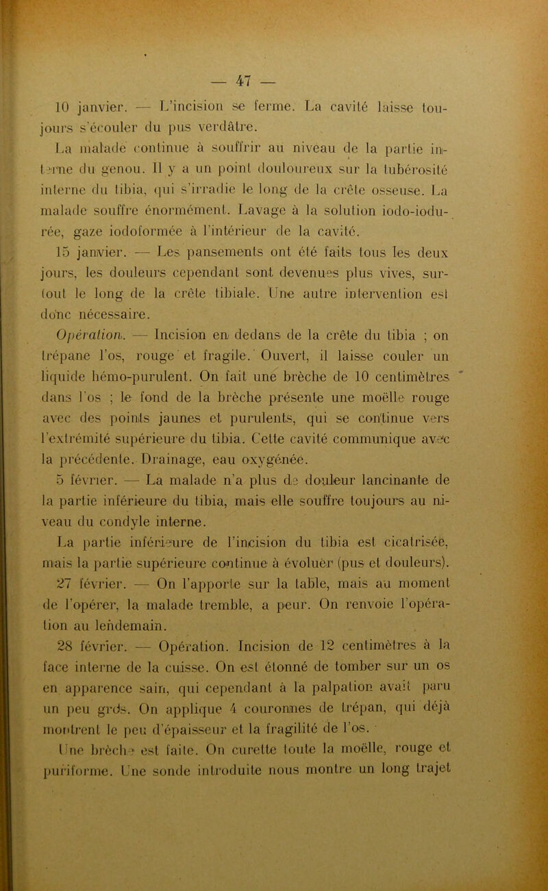 10 janvier. — L’incision se ferme. La cavité laisse Ion- jours s’écouler du pus verdâtre. La malade continue à souffrir au niveau de la partie in- terne du genou. Il y a un point douloureux sur la tubérosité interne du libia, qui s’irradie le long de la crête osseuse. La malade souffre énormément. Lavage à la solution iodo-iodu- rée, gaze iodoformée à l'intérieur de la cavité. 15 janvier. — Les pansements ont été faits tous les deux jours, les douleurs cependant sont devenues plus vives, sur- tout le long de la crête tibiale. Une autre intervention est donc nécessaire. Opération. — Incision en dedans de la crête du tibia ; on trépane l’os, rouge et fragile. Ouvert, d laisse couler un liquide hémo-purulent. On fait une brèche de 10 centimètres dans l'os ; le fond de la brèche présente une moelle rouge avec des points jaunes et purulents, qui se continue vers l’extrémité supérieure du libia. Celte cavité communique avec la précédente. Drainage, eau oxygénée. 5 février. — La malade n’a plus de douleur lancinante de la partie inférieure du tibia, mais elle souffre toujours au ni- veau du condyle interne. La partie inférieure de l’incision du tibia est cicatrisée, mais la partie supérieure continue à évoluer (pus et douleurs). 27 février. — On l’apporte sur la table, mais au moment de l’opérer, la malade tremble, a peur. On renvoie l’opéra- tion au lendemain. 28 février. — Opération. Incision de 12 centimètres à la face interne de la cuisse. On est étonné de tomber sur un os en apparence sain, qui cependant à la palpation avait paru un peu g rds. On applique 4 couronnes de trépan, qui déjà montrent le peu d'épaisseur et la fragilité de l’os. 1 ne brèche- est faite. On curette toute la moelle, rouge et puriforme. Une sonde introduite nous montre un long trajet