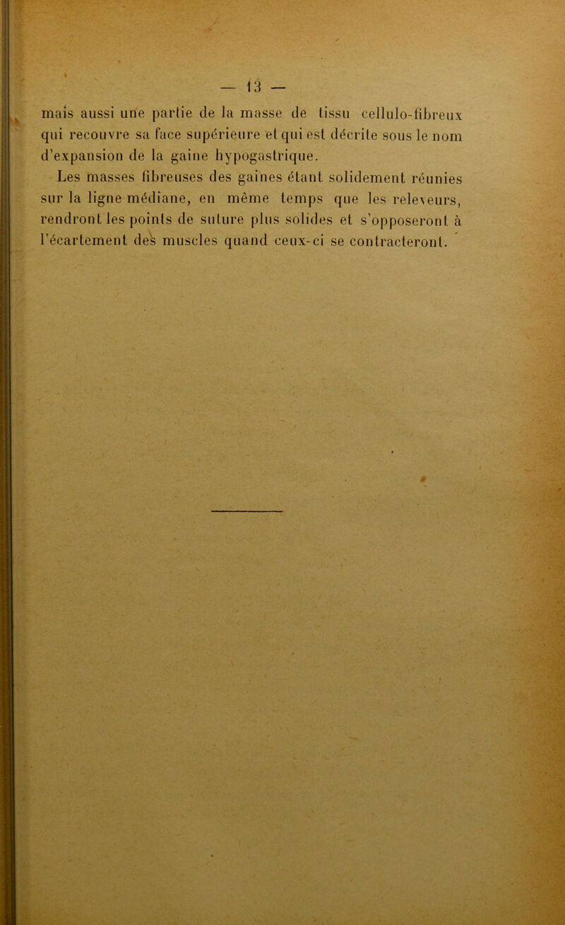 mais aussi une partie de la masse de tissu cellulo-fibreux qui recouvre sa face supérieure et qui est décrite sous le nom d’expansion de la gaine hypogastrique. Les masses fibreuses des gaines étant solidement réunies sur la ligne médiane, en même temps que les releveurs, rendront les points de suture plus solides et s’opposeront à l’écartement de^ muscles quand ceux-ci se contracteront.