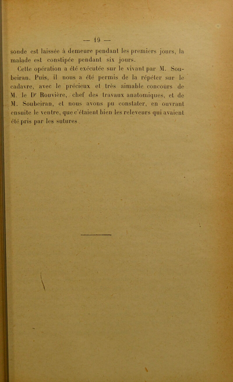 sonde est laissée à demeure pendant les premiers jours, la malade est constipée pendant six jours. Celle opération a été exécutée sur le vivant par M. Sou- beiran. Puis, il nous a été pei-mis de la répéter sur le cadavre, avec le précieux et très aimable concours de M. le D*’ Rouvière, chef des travaux anatomiques, et de M. SoLibeiran, et nous avons pu constater, en ouvrant ensuite le ventre, que c’étaient bien les releveurs qui avaient été pris par les sutures..