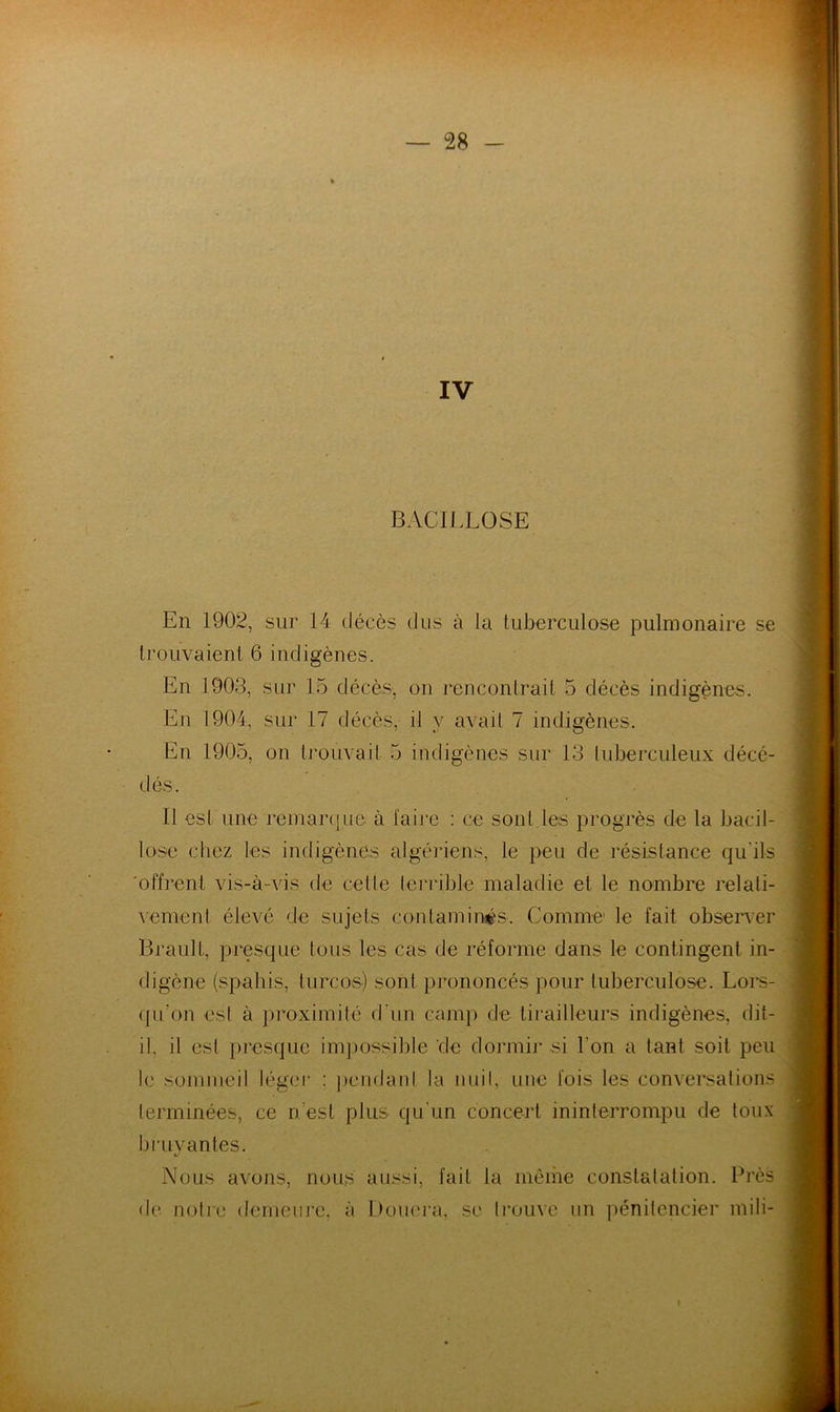 BACILLOSE En 1902, sur 14 décès dus à la tuberculose pulmonaire se li’ouvaieni 6 indigènes. En 1903, sur 15 décès, on rencontrait 5 décès indigènes. En 1904, sur 17 décès, il y avait 7 indigènes. En 1905, on li'ouvaii 5 indigènes sur 13 luberculeux décé- dés. Il est une reinar(iiie à l'aire : ce sont les progrès de la bacil- lose chez les indigènes algériens, le peu de résistance qu'ils 'offrent vis-à-vis de celle tei*rible maladie et le nombre relali- \'ement élevé de sujets contaminés. Comme le fait obserA'er Brault, presque tous les cas de réforme dans le contingent in- digène (spahis, turcos) sont pi’ononcés pour tuberculose. Lors- qu’on est à proximité d’un camp de tirailleurs indigènes, dit- il, il est presque im])Ossible de dormir si l’on a tant soit peu le sommeil léger ; ])cndanl la nuil, une fois les conversations terminées, ce n’est plus qu'un concert ininterrompu de toux bruvanles. Nous avons, nous aussi, fait la même constalalion. Près de nul I C demeiu’e, à Domu’a, se h’ouve un pénitencier mili-