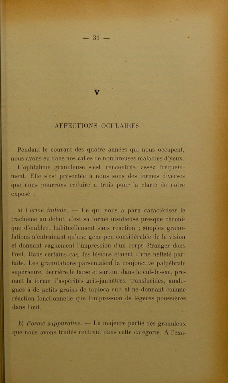 »■ — 31 — V : ■ AFFECTIONS OCULAIRES Pendant le courant des quatre années qui nous occupent, nous avons eu dans nos salles de nombreuses maladies d’yeux. L’ophtalmie granuleuse s’est rencontrée assez fréquem- ment. Elle s’est présentée à nous sous des formes diverses que nous pourrons réduire à trois pour la clarté de notre exposé : a) Forme initiale. — Ce qui nous a paru caractériser le trachome au début, c’est sa forme insddieuse presque chroni- que d’emblée, habituellement sans réaction ; simples granu- lations n’entraînant qu’une gêne peu considérable de la vision et donnant vaguement l’impression d’un corps étranger dans l’œil. Dans certains cas, les lésions étaient d’une netteté par- faite. Les granulations parsemaient la conjonctive palpébrale supérieure, derrière le tarse et surtout dans le cul-de-sac, pre- nant la forme d’aspérités gris-jaunâtres, translucides, analo- gues à de petits grains de tapioca cuit et ne donnant comme réaction fonctionnelle que l’impression de légères poussières dans l’œil. b) Forme suppurative. — La majeure partie des granuleux que nous avons traités rentiunt dans cette catégorie. A l’exa-