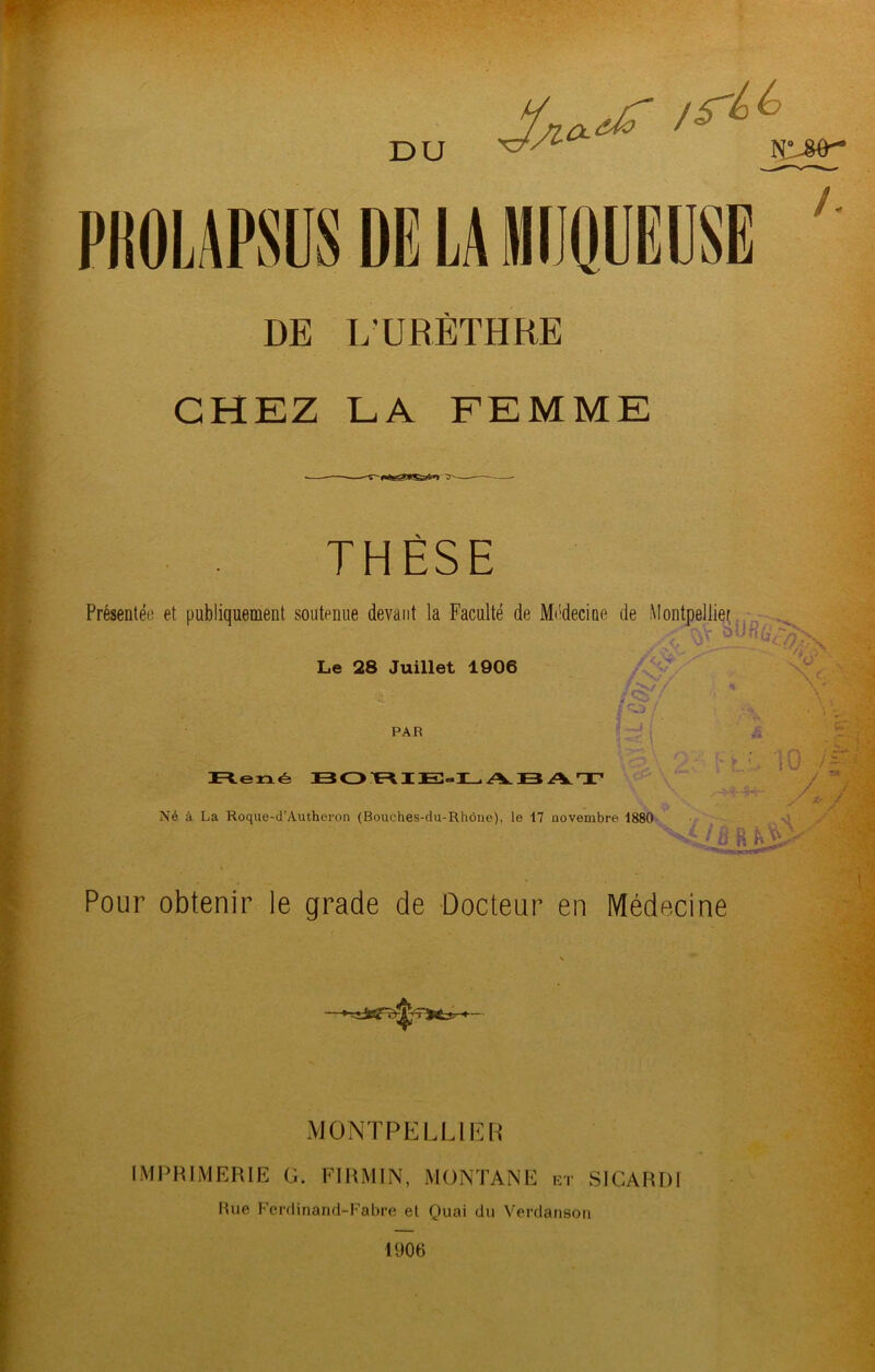 DU N!-8e- PKOLAPSUS DE LA IllIQUEUSE / DE L’URÈTHRE CHEZ LA FEMME Il ~i THÈSE Présentét) et publiquement soutenue devant la Faculté de Médecine de Alontpellieç, Le 28 Juillet 1906 A'év \ V ' ‘ ■ v> PAR t \ _ _'4ÎÏS * — — .ené B0:F^IE:-1L A.B AT7 Né à La Roque-d'Autheron (Bouches-du-Rhône), le 17 novembre 1880 r ', lü /'-Æ : ■' ■■■ 'A Pour obtenir le grade de Docteur en Médecine v(T^j3 . g -a ,îS MONTPELLIER IMl^HIMERIE G. FIHMIN, MONTANE kt SICARDI Rue Ferdinand-Fabre et Quai du Verdanson ■ J 'T