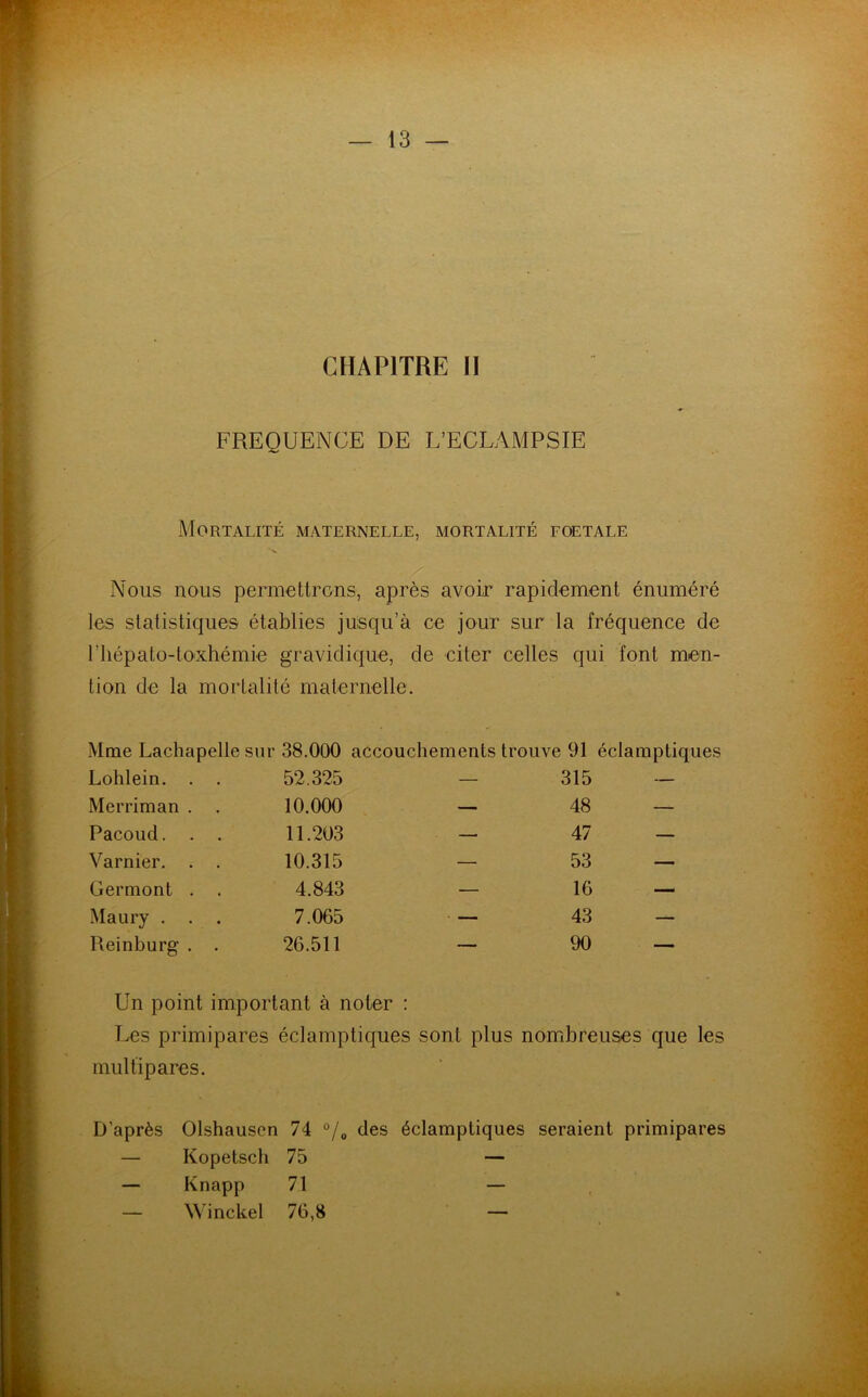 CHAPITRE II FREQUENCE DE L’ECLAMPSIE Mortalité maternelle, mortalité foetale ' V Nous nous permettrons, après avoir rapidement énuméré les statistiques établies jusqu’à ce jour sur la fréquence de riiépato-to'xhémie gravidique, de citer celles qui font men- tion de la mortalité maternelle. Mme Lachapelle sur 38.000 accouchements trouve 91 éclamptiques Lohlein. . . 52.325 — 315 — Merriman . . 10.000 — 48 — Pacoud. . . 11.203 — 47 — Varnier. . . 10.315 — 53 — Germont . . 4.843 — 16 — Maury . . . 7.065 — 43 — Reinburg . . 26.511 — 90 — Un point important à noter : Les primipares éclamptiques sont plus nombreuses que les multipares. D’après Olshausen 74 °/0 des éclamptiques seraient primipares — Kopetscli 75 — — Knapp 71 — — Winckel 76,8 —