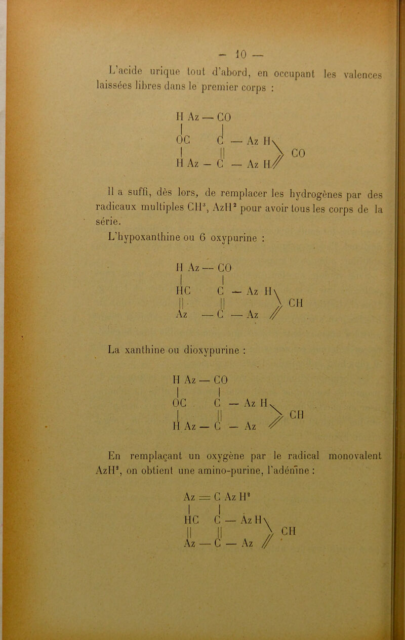 L acide urique louL d abord, en occupant les valences laissées libres dans le premier corps : H Az — CO I OC C — Az H\ ,[ ,11 > CO H Az - C — Az il/ 11 a suffi, dès lors, de remplacer les hydrogènes par des radicaux multiples CH3, AzH2 pour avoir tous les corps de la série. L’hypoxanthine ou 6 oxypurine : H Az — CO HC C — Az H „ n \ CH Az — G — Az / La xanthine ou dioxypurine : H Az — CO OC C Az H Az — C - Az CH En remplaçant un oxygène par le radical monovalent AzH2, on obtient une amino-purine, C adénine : Az = C Az H2 HC C — Az H \ Il H ) CH Az — C — Az //