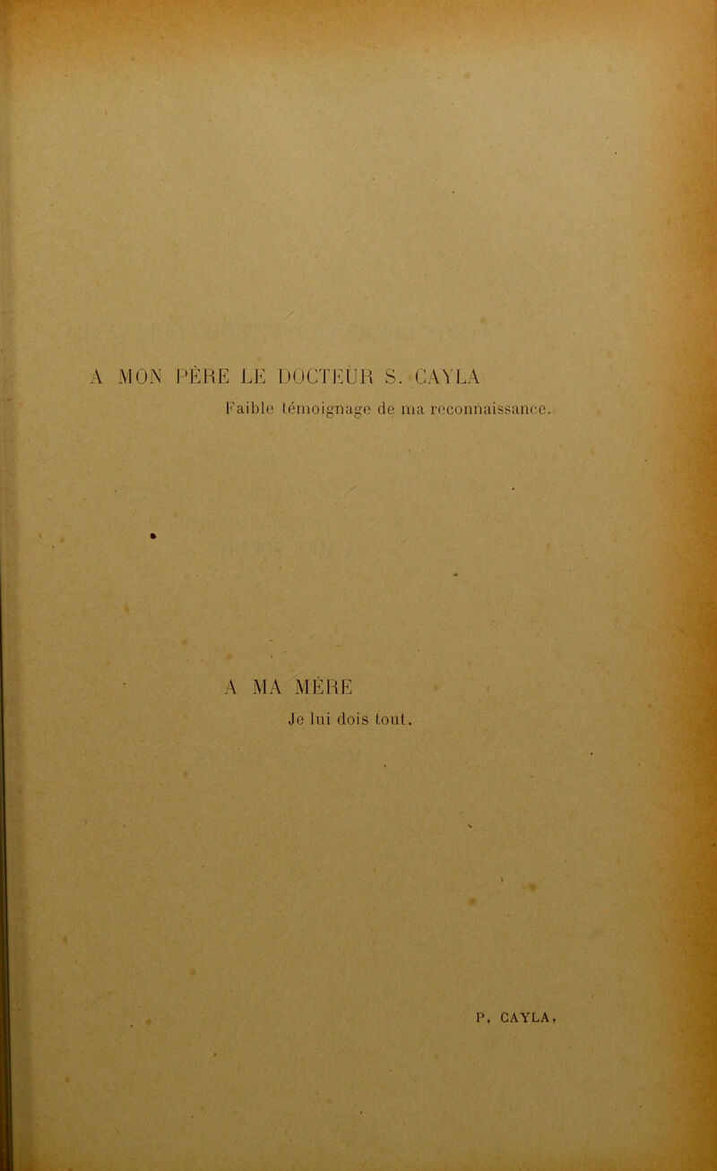 A MON PÈRE LE DOCTEUR S. CAYLA Faible témoignage de ma reconnaissance. A MA MÈRE Je lui dois tout. s *