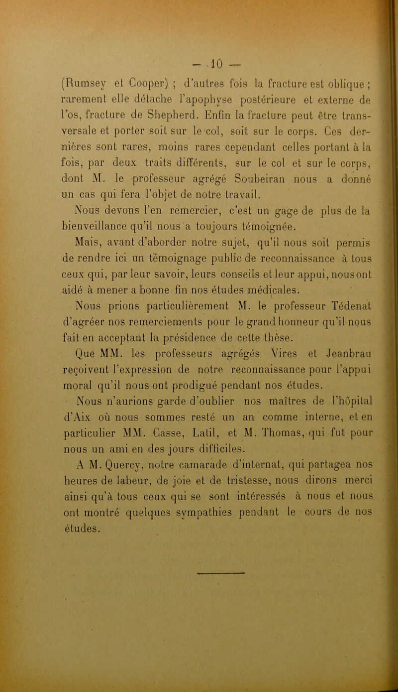 (Rumsey et Cooper) ; d’autres fois la fracture est oblique ; rarement elle détache l’apophyse postérieure et externe de l’os, fracture de Shepherd. Enfin la fracture peut être trans- versale et porter soit sur le col, soit sur le corps. Ces der- nières sont rares, moins rares cependant celles portant à la fois, par deux traits différents, sur le col et sur le corps, dont M. le professeur agrégé Soubeiran nous a donné un cas qui fera l’objet de notre travail. Nous devons l’en remercier, c’est un gage de plus de la bienveillance qu’il nous a toujours témoignée. Mais, avant d’aborder notre sujet, qu’il nous soit permis de rendre ici un témoignage public de reconnaissance à tous ceux qui, parleur savoir, leurs conseils et leur appui, nousont aidé à mener a bonne fin nos études médicales. » Nous prions particulièrement M. le professeur Tédenat d’agréer nos remerciements pour le grand honneur qu’il nous fait en acceptant la présidence de cette thèse. Que MM. les professeurs agrégés Vires et Jeanbrau reçoivent l’expression de notre reconnaissance pour l’appui moral qu’il nous ont prodigué pendant nos études. Nous n’aurions garde d’oublier nos maîtres de l’hôpital d’Aix où nous sommes resté un an comme interne, et en particulier MM. Casse, Latil, et M. Thomas, qui fut pour nous un ami en des jours difficiles. A M. Quercy, notre camarade d’internat, qui partagea nos heures de labeur, de joie et de tristesse, nous dirons merci ainsi qu’à tous ceux qui se sont intéressés à nous et nous ont montré quelques sympathies pendant le cours de nos études.