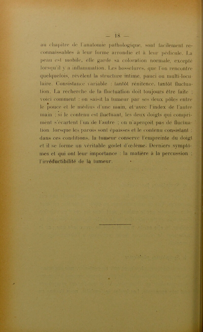 au clia|)iliv d(' raiialomic |iallioln^i(jii€, soiil l'acilfuiinil l•^^- ronuaissahles à leur loiane arrondie el à leiu' pédicukî. La peau ('sl iu()l)ii(', elle garde* sa colorai ion norniahî, exceplé lorsepi'il y a inl'lainiualion. Les hosseliiri's, epie l’on reinaaili’e* ([uel([iielois, ]’é\èleid la siructui-e inliine, ))auci ou inulti-loeii laire. üonsislanee \ariable : lantôl rénilenee, lantôl fluclua- lion. La j'eclieJT.he de la fliieUialion doil toujours être ïaile : voici coinrnenl : on saisit la lumem* }>ar ses deux j)ôlcs entre » le ponce et le médius d’une main, el'avec l’index de l’aiitre main ; si le contenu est i'luclliant, les deux doigts qui compri- ment s’écartent run de l’autre ; on n’aperçoit pas de fluctua- tion lorsque les parois sont épaisses et le contenu consistant : dans ces conditions, la tumeur conserve l’empreinte du doigt et il se tonne un véritable godet (Tœdème. Derniers symptô- mes et qui ont leur importance ; la matière à la percussion ; l’irréductibilité de là tumeur.