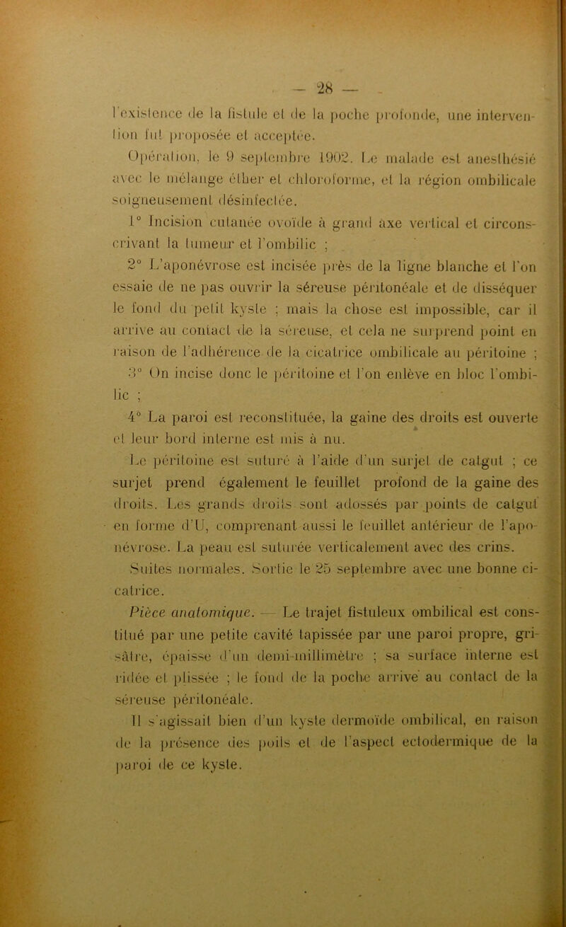 liun fut pj’oposée cl acce])tre. Opérai ion, le 9 seplonibje 1902. Le malade est aneslliésié avec le mélange élber et chloroforme, et la j’égioii ombilicale s ( ) i g n e U s e m e n L (1 és i 1 de c 1 é e. 1° Incision ciUanée ovoïde à grand axe vertical et circons- crivant la lumeur et l’ombilic ; . 2° L’aponévrose est incisée ]i)j ès de la ligne blanche et l'on essaie de ne pas ouvrir la séreuse péritonéale et de disséquer le fond du petit kyste ; mais la chose est impossible, car il arrive au contact de la séjeuse, et cela ne surprend point en l'aison de radhéreuce de la cicatrice ombilicale au péritoine ; 3° On incise donc le péritoine et l’on enlève en bloc l’ombi- lic ; 4® La paroi est reconstituée, la gaine des droits est ouverte et leur bord interne est mis à nu. Le péritoine est suturé à l’aide d’un surjet de catgut ; ce surjet prend également le feuillet profond de la gaine des droits. Les grands droits sont adossés par points de catgut en forme d’U, compienant aussi le feuillet antérieur de l’ap(v névrose. I.a peau est sutui'ée verticalement avec des crins. Suites normales. Sortie le 25 septembre avec une bonne ci- catrice. Pièce anatomique. — Le trajet fistuleux ombilical est cons- titué par une petite cavité tapissée par une paroi propre, gri- sâtre, épaisse d’un denji-millimètre ; sa surface interne est ridée et plissée ; le fond de la poebe arrive au contact de la séj'euse péritonéale. 11 s'agissait bien d’un kyste dermoïde ombilical, en raison de la [)résence des poils et de l’aspect ectodermique de la jiaroi de ce kyste.