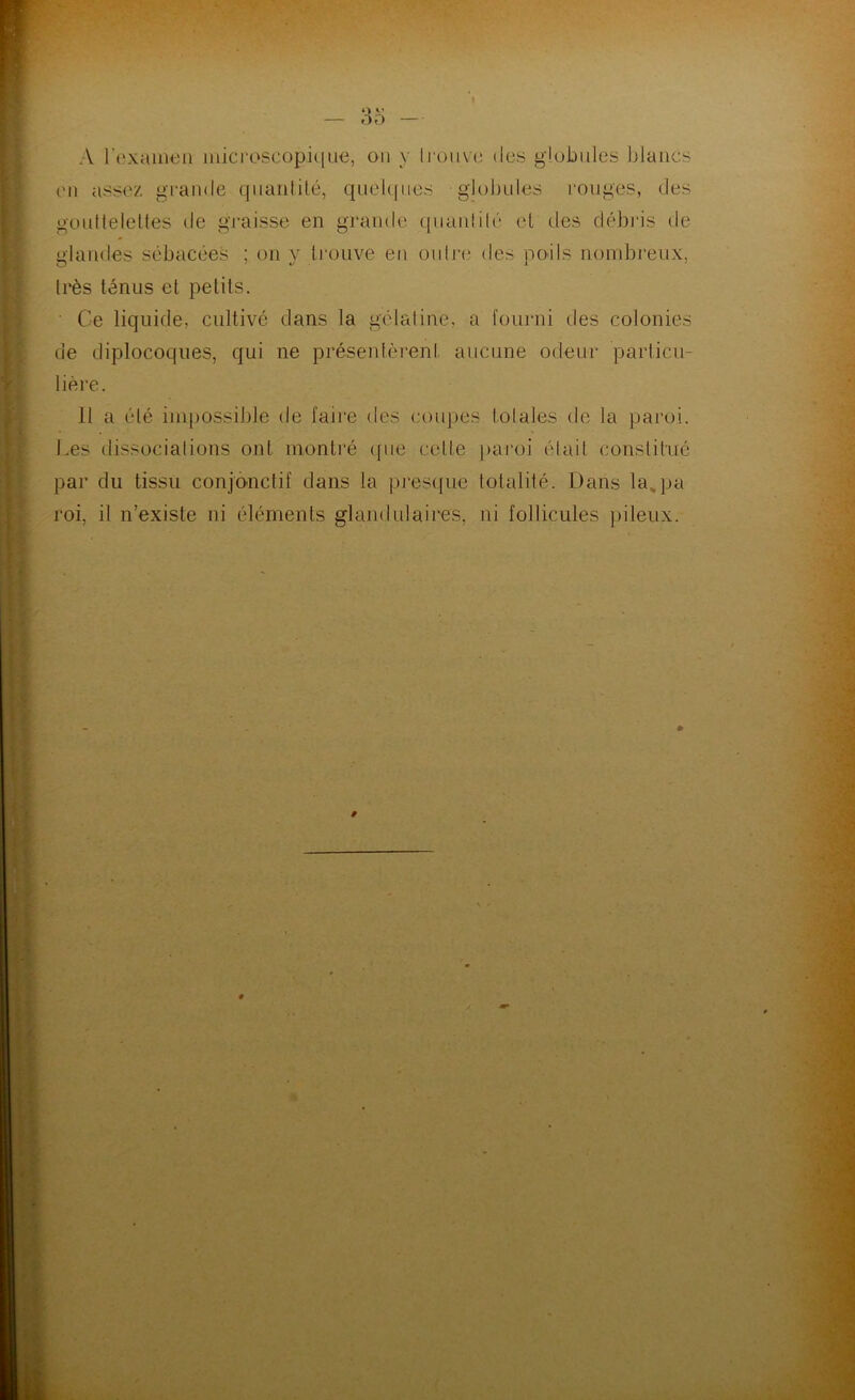 A rexaint)U niici'oscopic[u<3, on y Iroiivc des globules ])laiics L'ii assez gi-ande qiiaiilité, quel((iies globules rouges, des goutleleltes de graisse en grande (juanlilé cl des débris de glandes sébacées ; on y trouve en onlj*e des poils nombreux, très ténus et petits. • Ce liquide, cultivé dans la gélaline, a fourni des colonies de diplocoqiies, qui ne préseidèrent aucune odeur particu- lière. 11 a été inqmssible de faire des coiq:)es tolales de la paroi. Les tlissocialions ont montré (pie celle paroi était constitué par du tissu conjonctif dans la pi’esque totalité. Dans la,pa roi, il n’existe ni éléments glandulaires, ni follicules pileux.