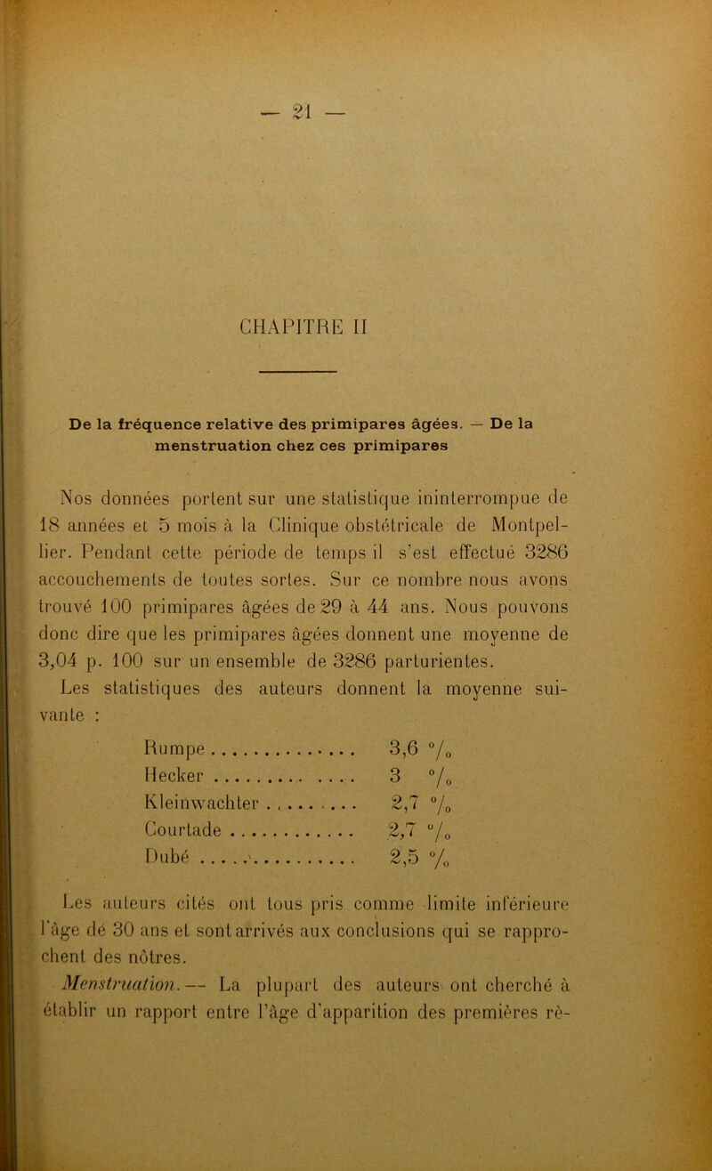 CHAPITRE II De la fréquence relative des primipares âgées. — De la menstruation chez ces primipares Nos données portent sur une statistique ininterrompue de 18 années et 5 mois à la Clinique obstétricale de Montpel- lier. Pendant cette période de temps il s’est effectué 3286 accouchements de toutes sortes. Sur ce nombre nous avons trouvé 100 primipares âgées de 29 à 44 ans. Nous pouvons donc dire que les primipares âgées donnent une moyenne de 3,04 p. 100 sur un ensemble de 3286 parturientes. Les statistiques des auteurs donnent la moyenne sui- vante : Les auteurs cités ont tous pris comme limite inférieure l'âge dé 30 ans et sont arrivés aux conclusions qui se rappro- chent des nôtres. Menstruation.— La plupart des auteurs ont cherché â Rumpe Hecker Kleinwachter . , Courtade Dubé . établir un rapport entre l’âge d’apparition des premières rè-